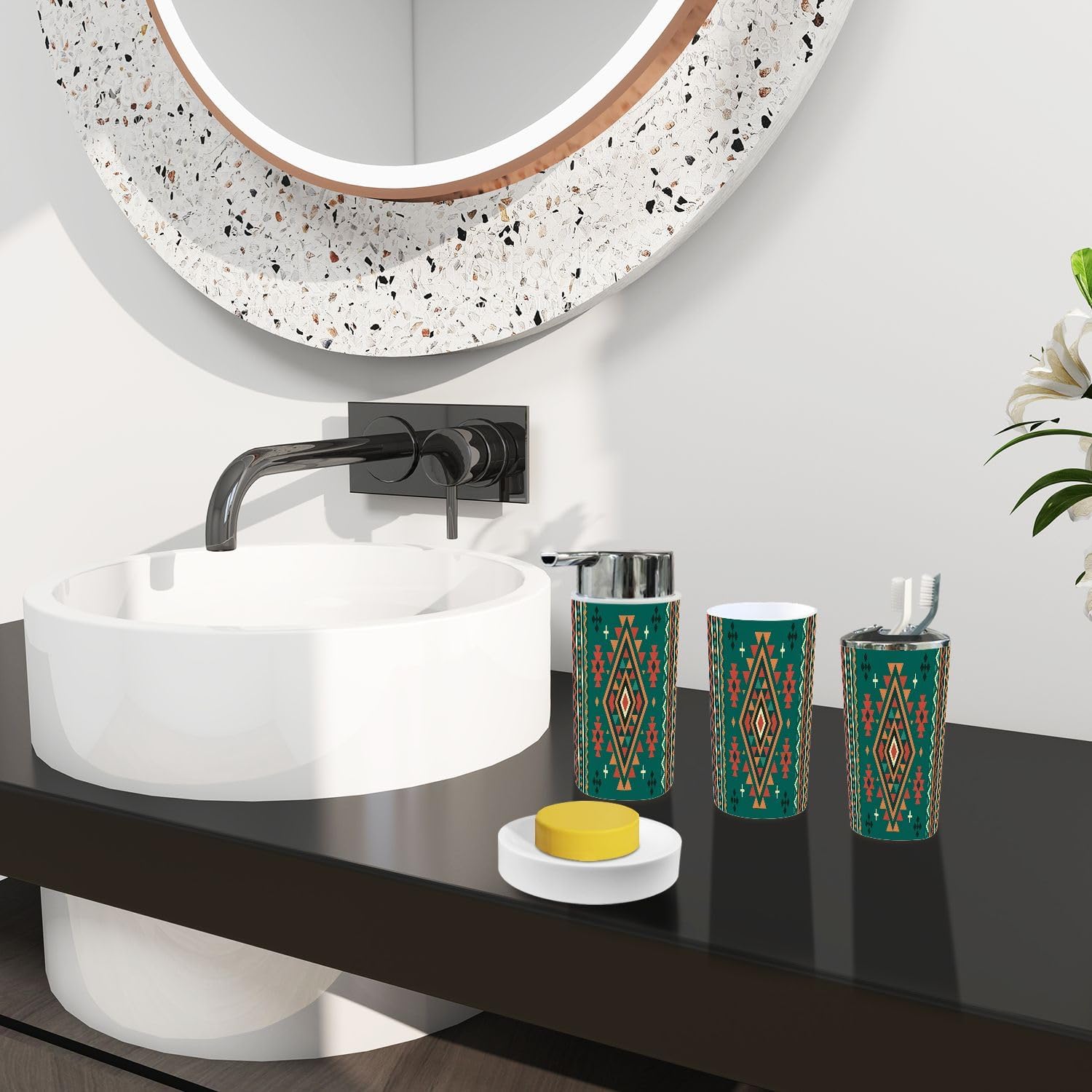 Boho Bathroom Accessory Set 6 Piece Modern Navajo Design