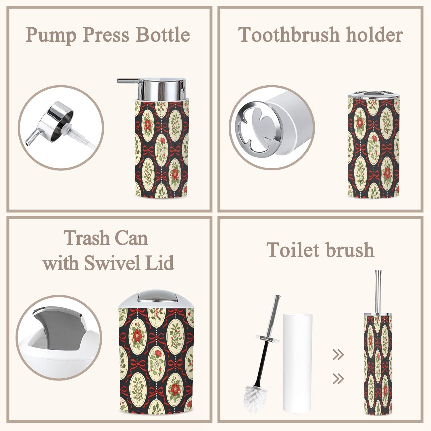 Retro Christmas Floral Cameos Bathroom Accessories Set