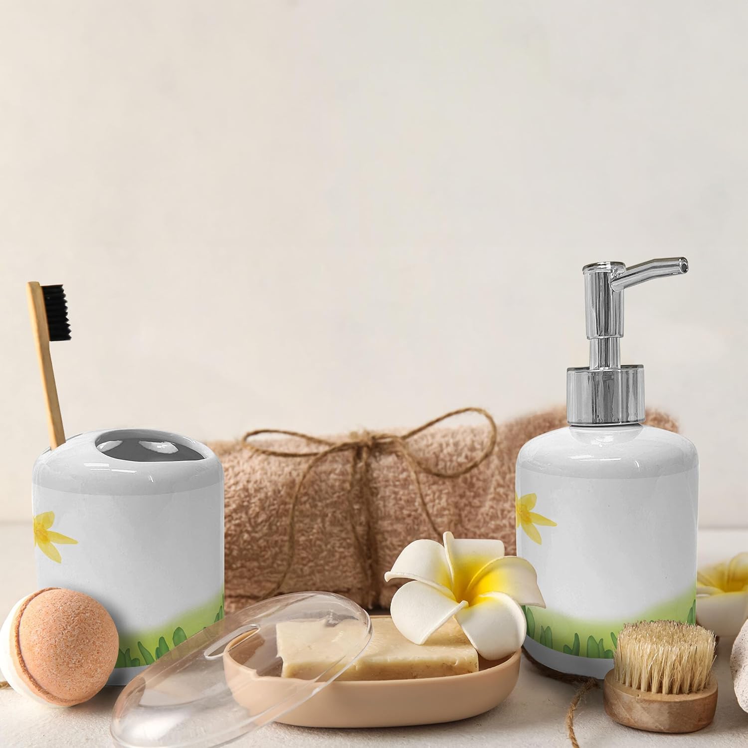 Ambesonne Daffodil Ceramic Soap Dispenser Toothbrush Holder Set