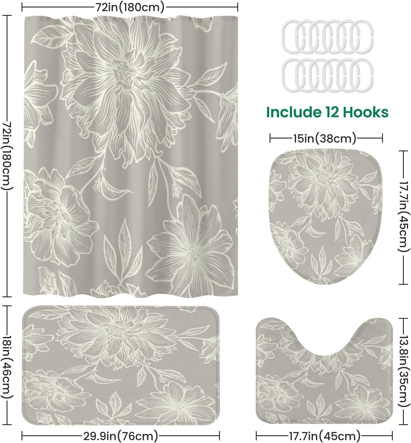 4 Piece Shower Curtain Set with Retro Floral Pattern