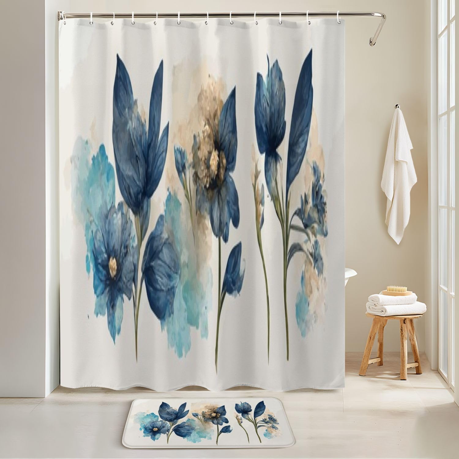 4 Piece Shower Curtain Set with Blue Flowers Design