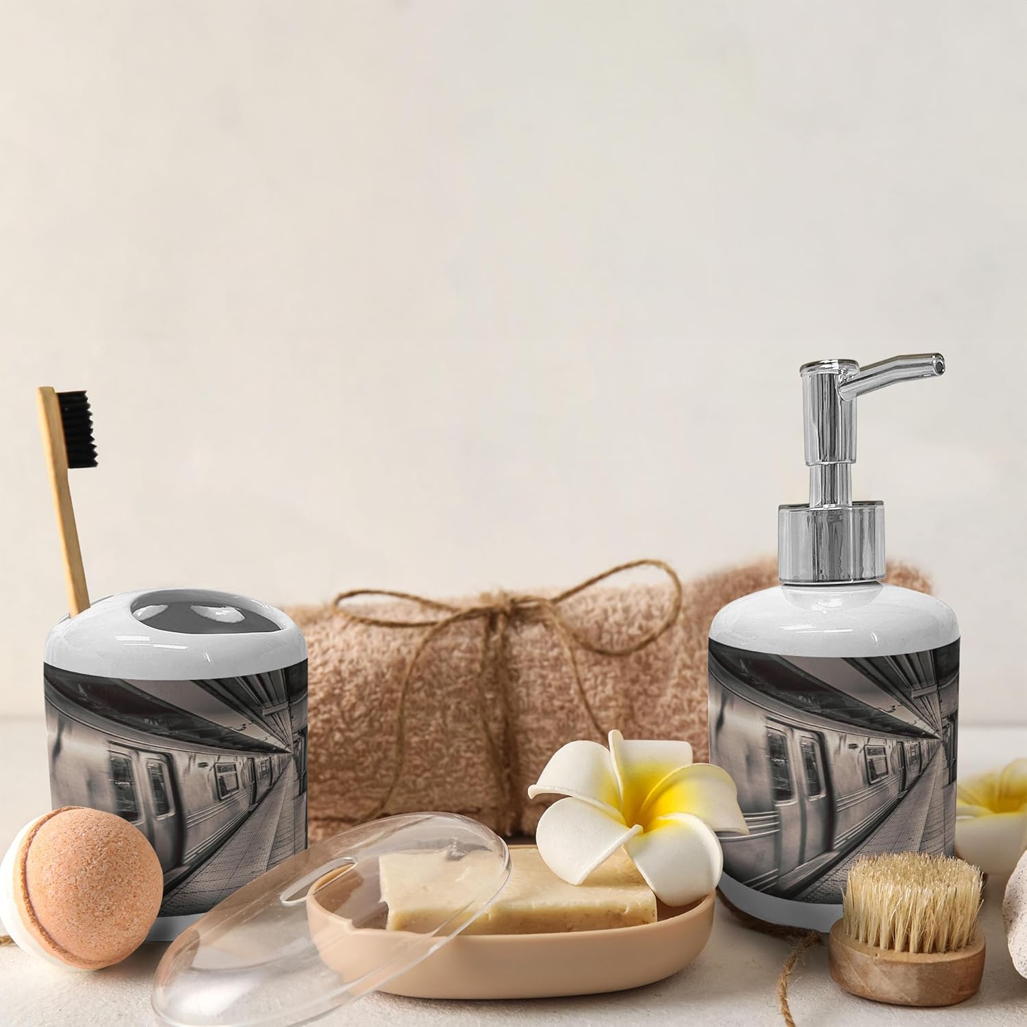 Ambesonne Subway Soap Toothbrush Holder Set Warm Taupe