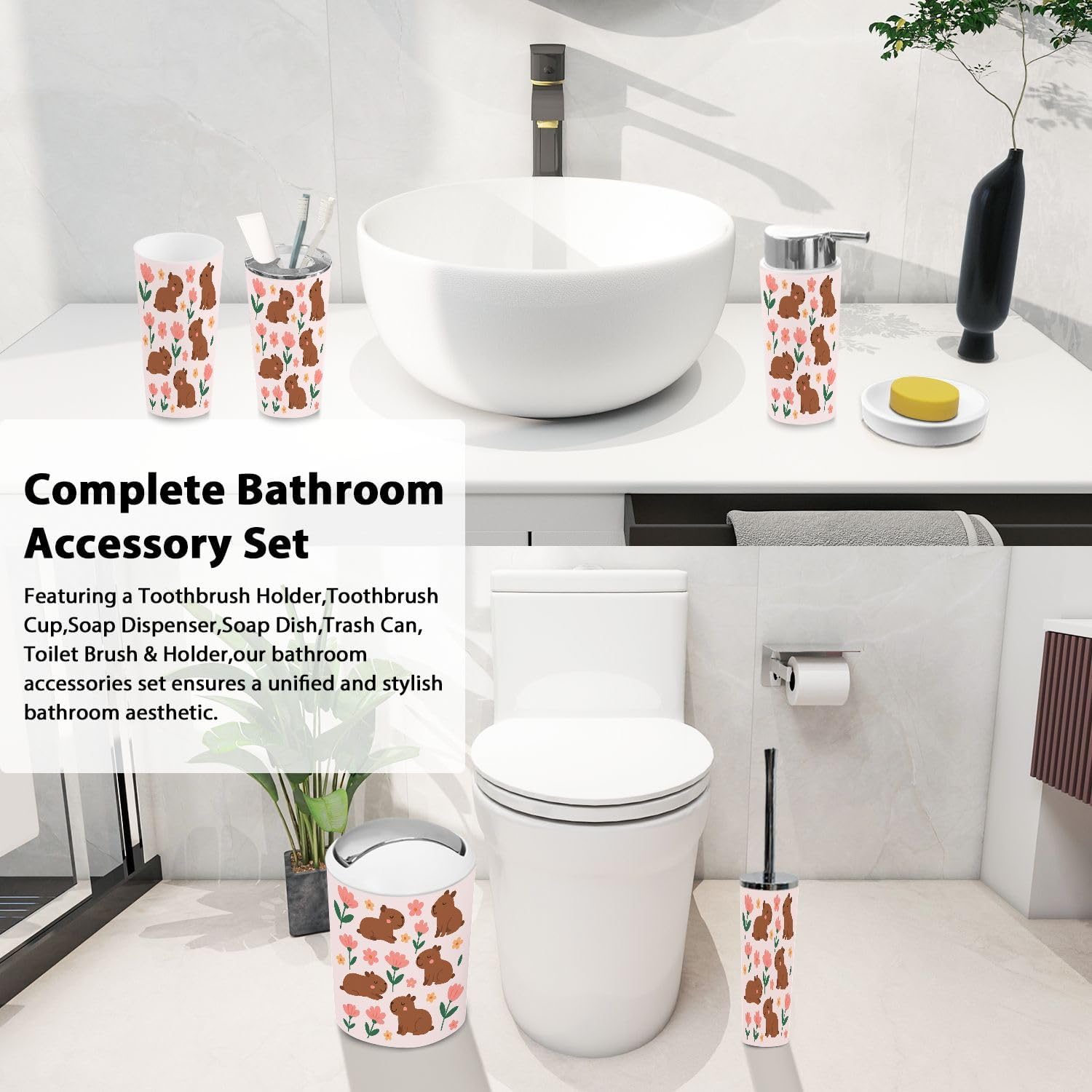 Boho Funny Capybara Bathroom Accessory Set 6 Piece
