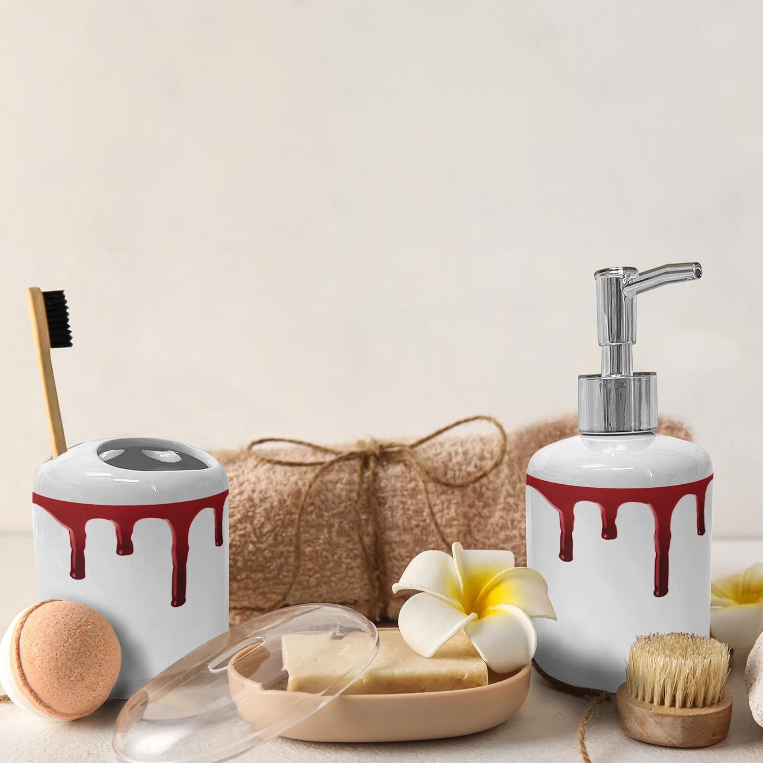 Ambesonne Horror Soap Toothbrush Holder Set 2 Pcs Red White