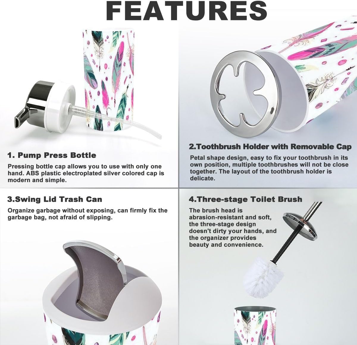 6 Piece Ethnic Bathroom Accessories Set with Feathers Design