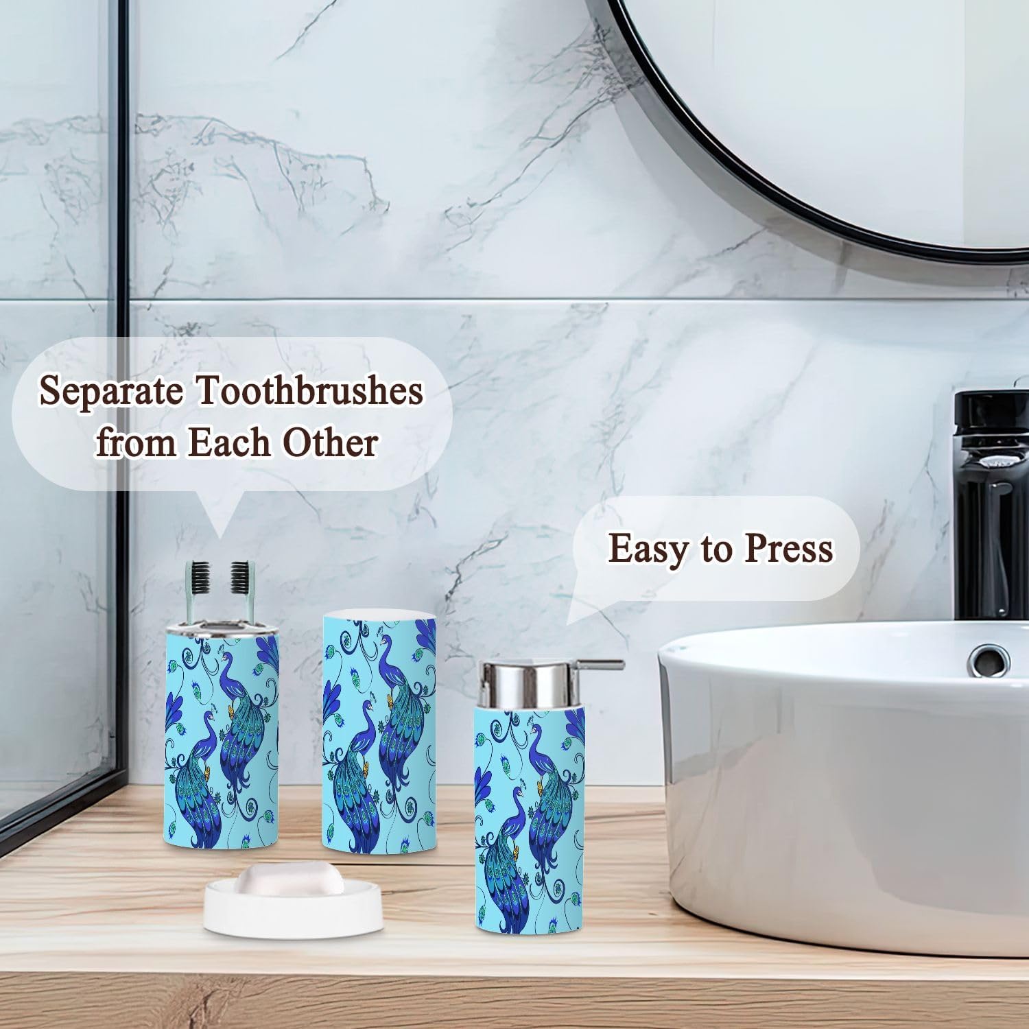 Modern Blue Magic Peacocks Bathroom Accessories Set 6 Pcs