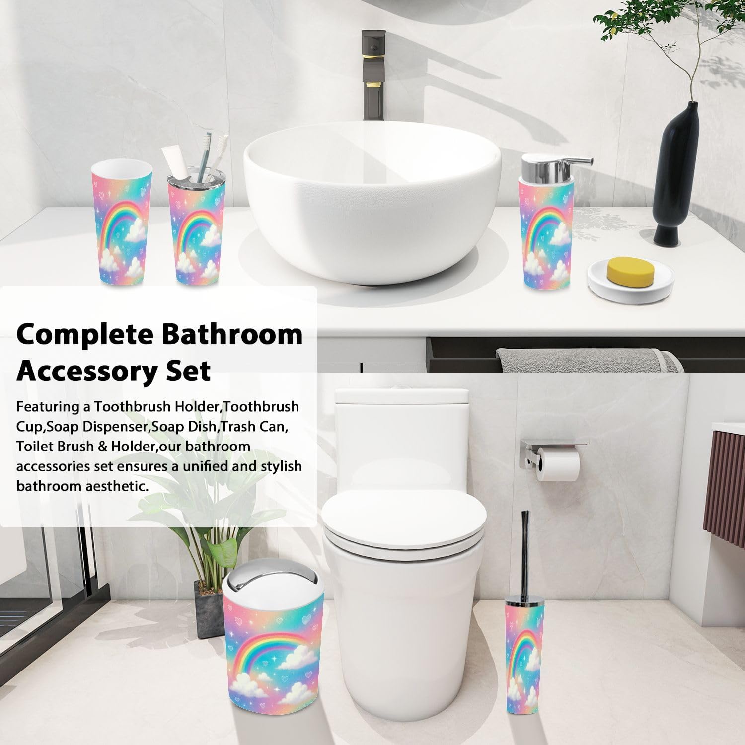 Boho Holographic Rainbow Trash Can and Accessories Set