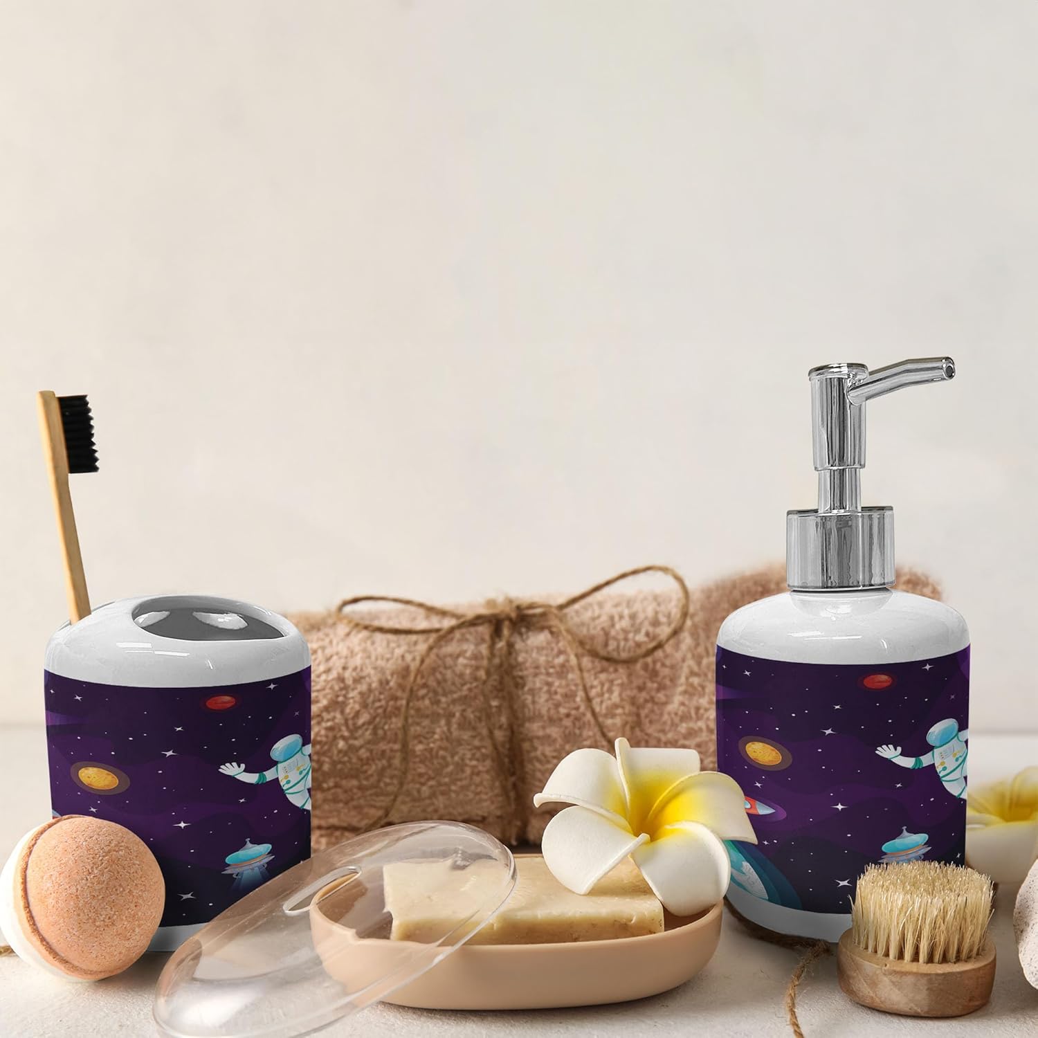Ambesonne Universe Soap Dispenser Toothbrush Holder Set Ceramic Dark Purple