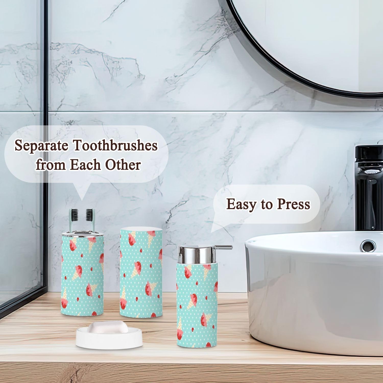 6 Pcs Ice Cream Polka Dots Bathroom Accessories Set
