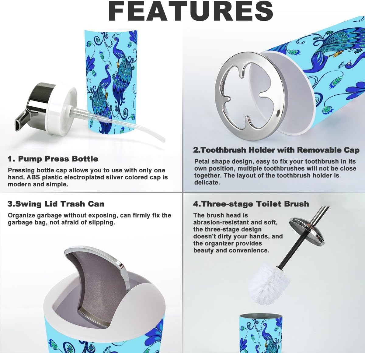 Modern Blue Magic Peacocks Bathroom Accessories Set 6 Pcs