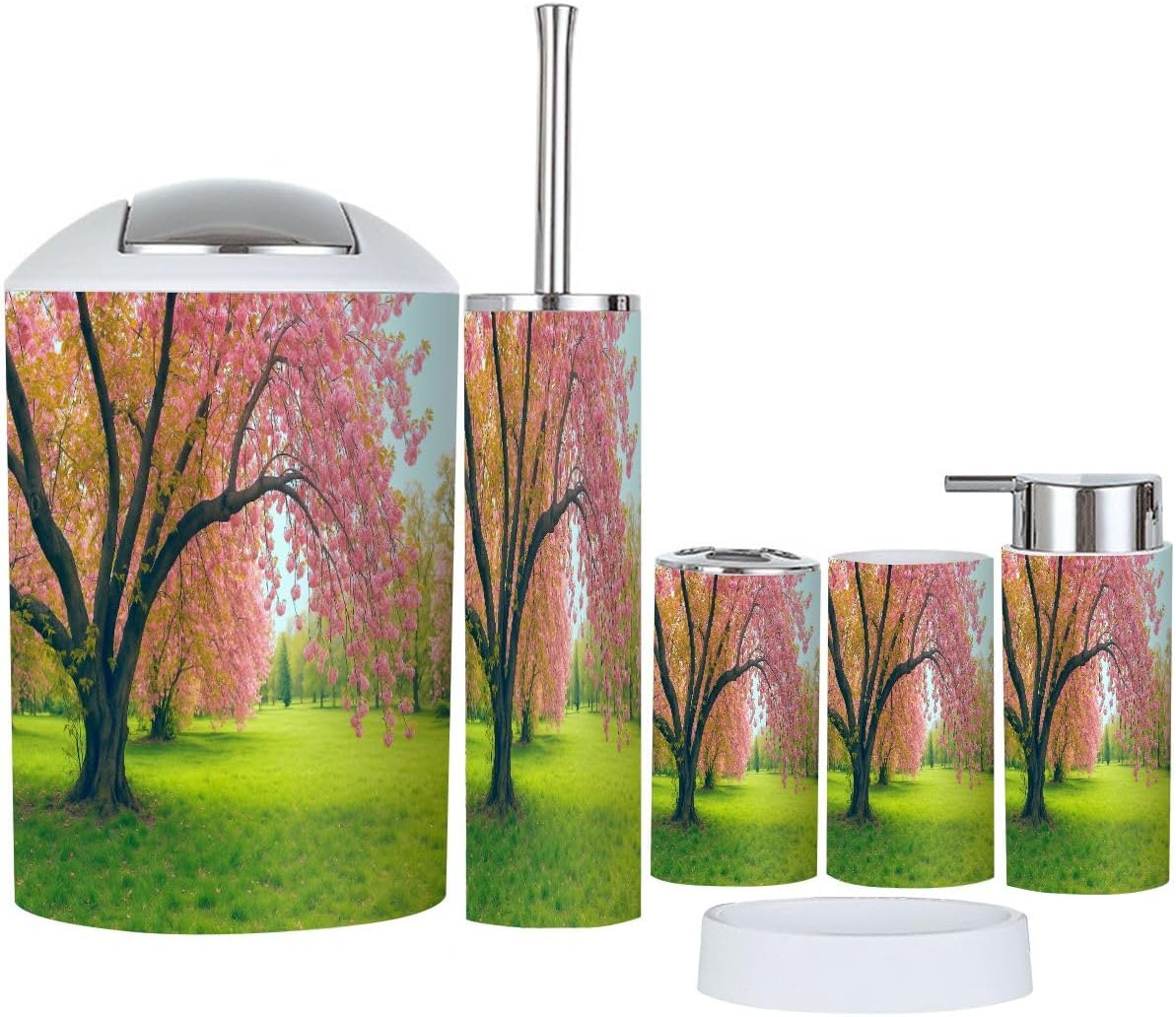 Boho Pink Cherry Blossom Bathroom Accessory Set 6 Piece 1