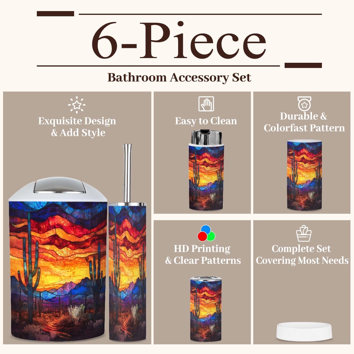 6 Piece Bathroom Accessories Set Mystical Desert Cactus Textured Stained Glass Art