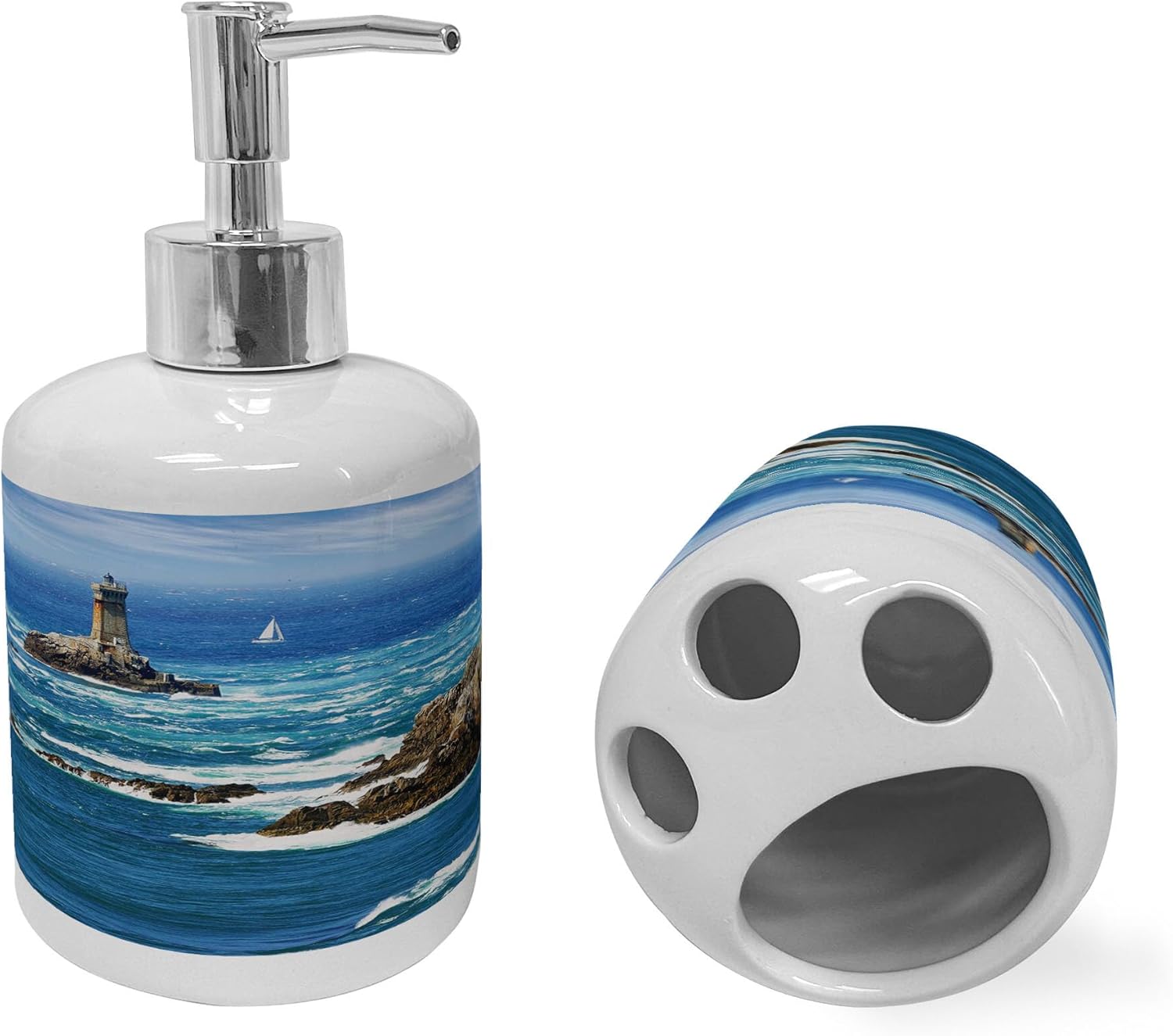 Ambesonne Lighthouse Soap Toothbrush Holder Set Ceramic 2 Pcs Blue Grey White