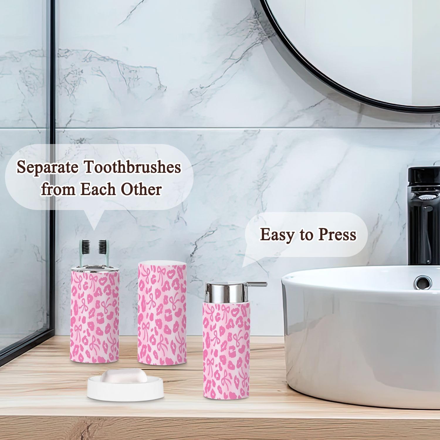 6 Piece Bathroom Accessories Set with Ombre Leopard Print Bow