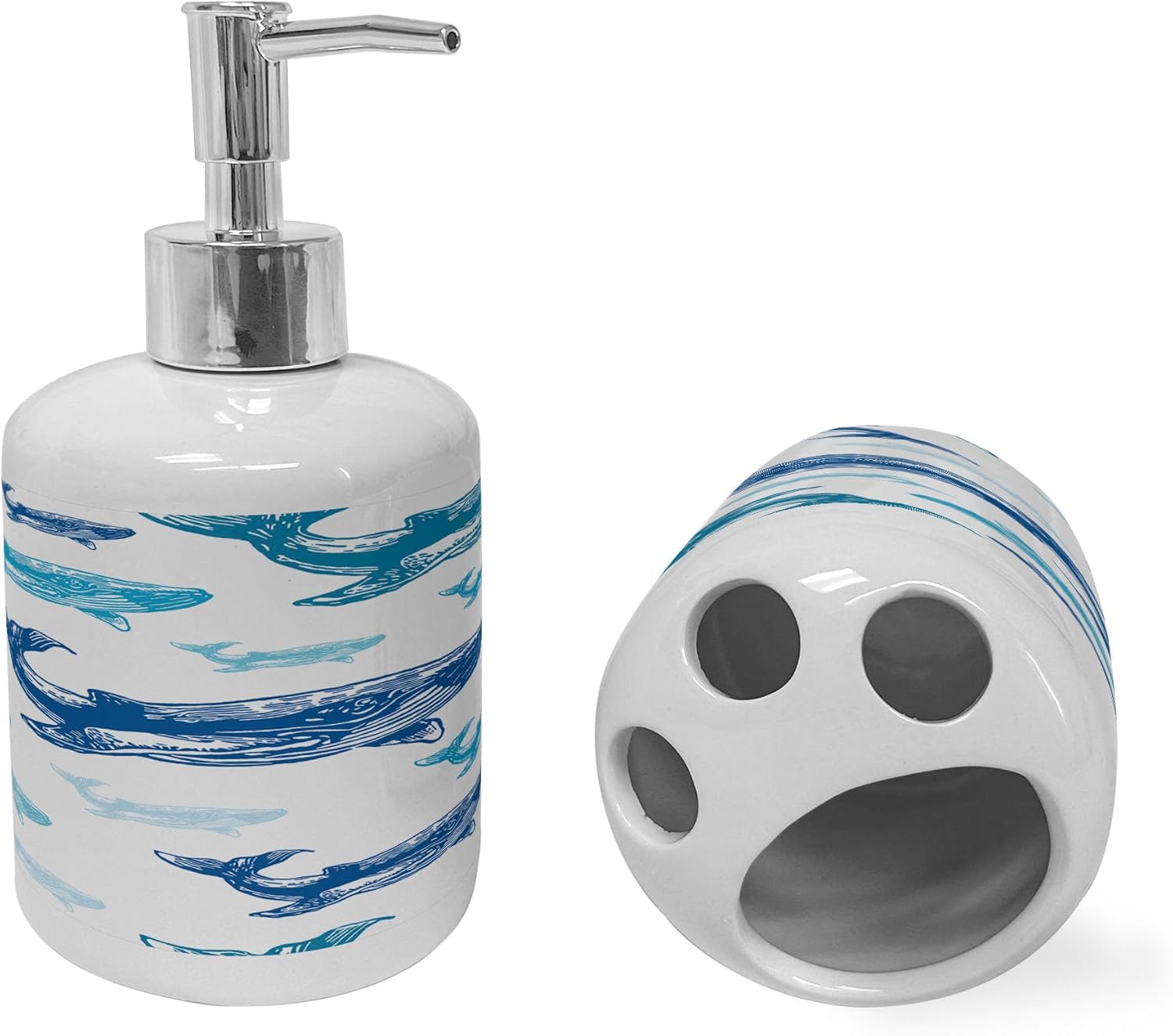 Ambesonne Blue White Sea Animals Soap Dispenser Toothbrush Holder Set