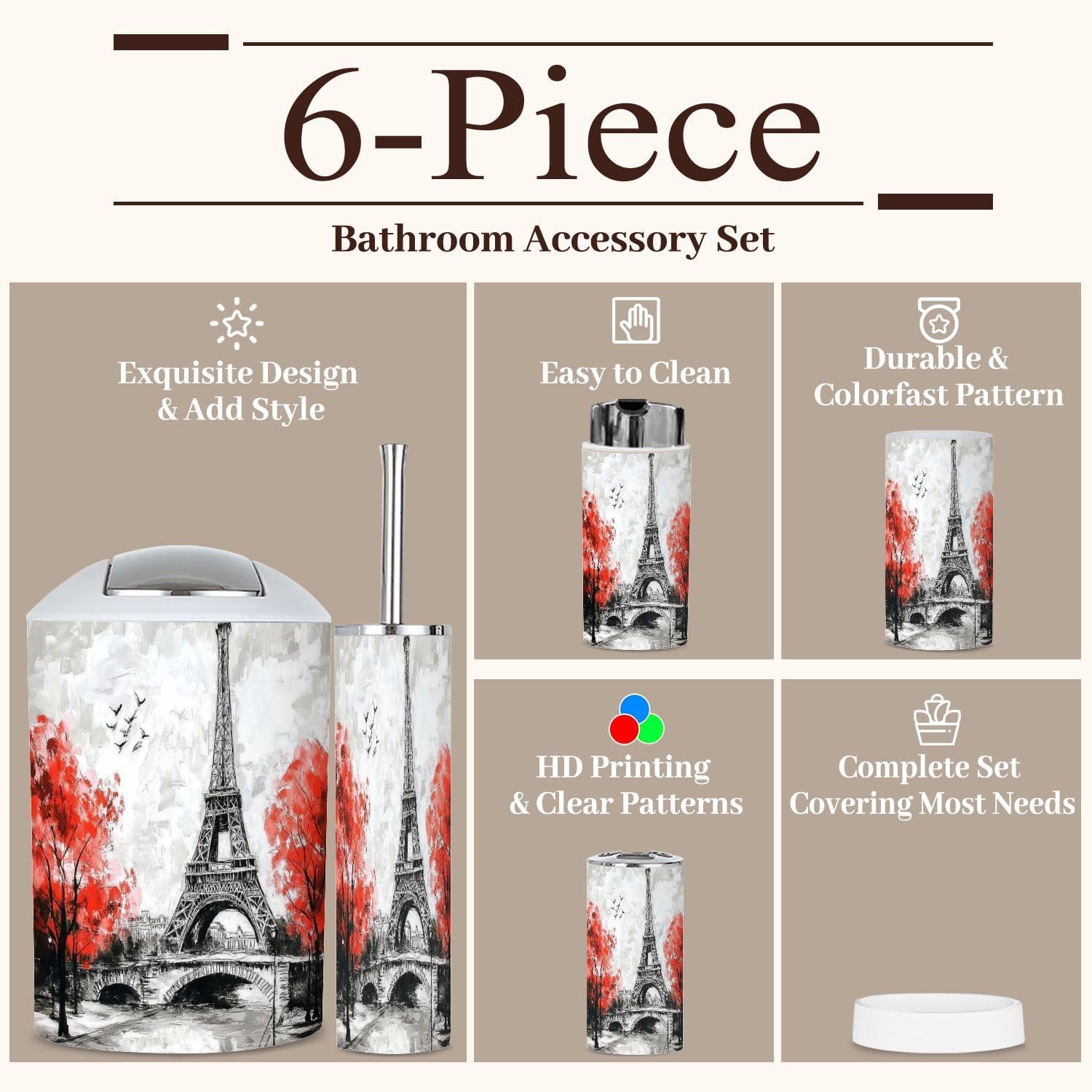 6 Piece Bathroom Accessories Set with Boho Design