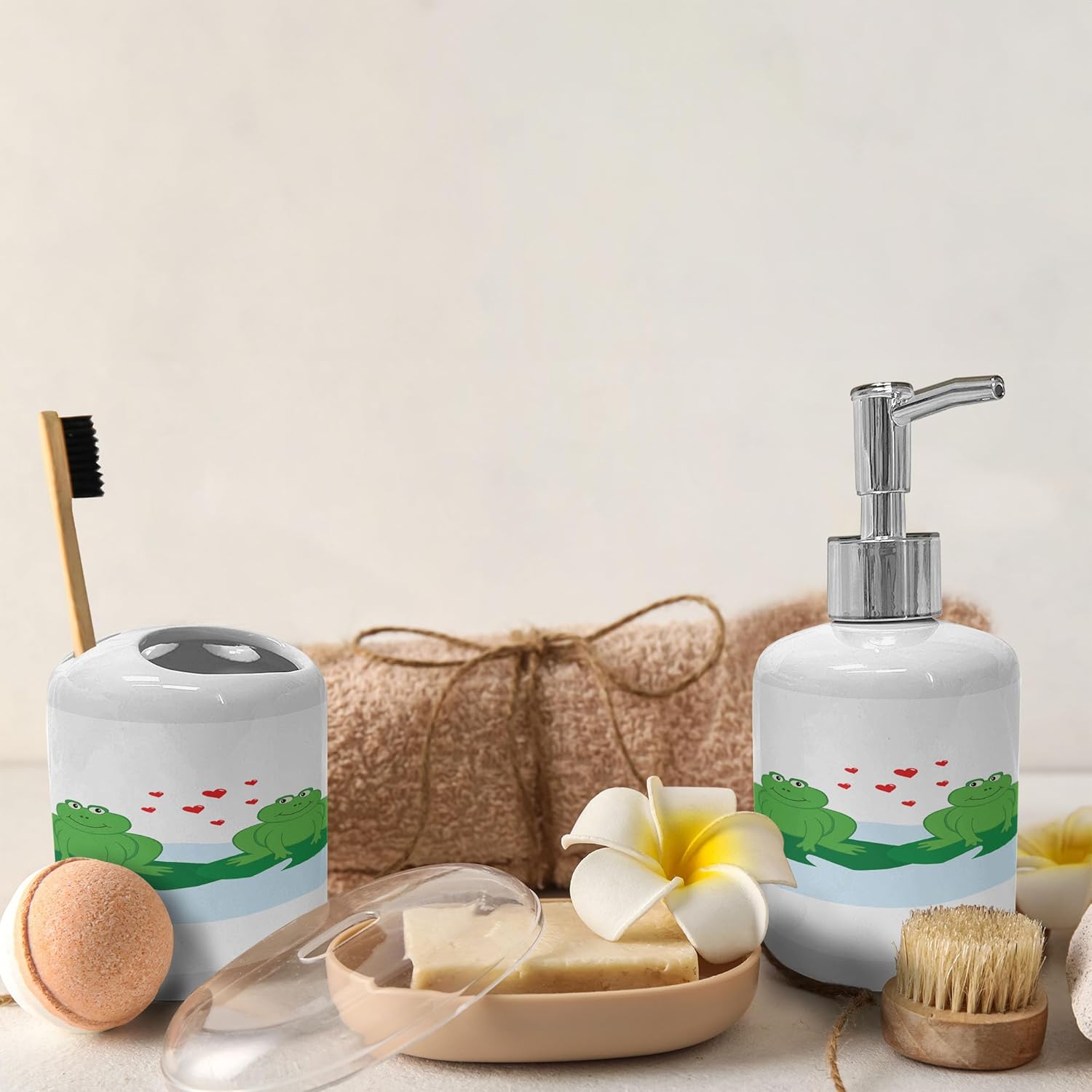 Ambesonne Love Soap Toothbrush Set - Frogs on Lake 2 Pcs