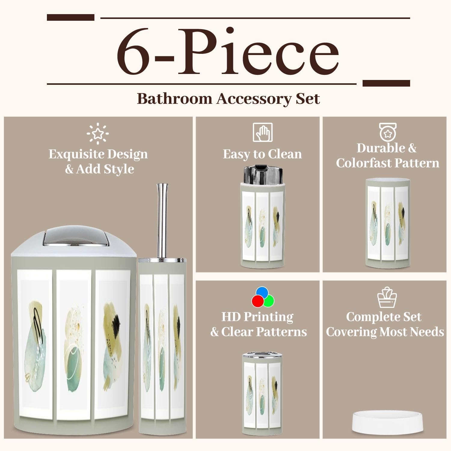 6 Piece Bathroom Accessories Set Teal Peach Boho Style