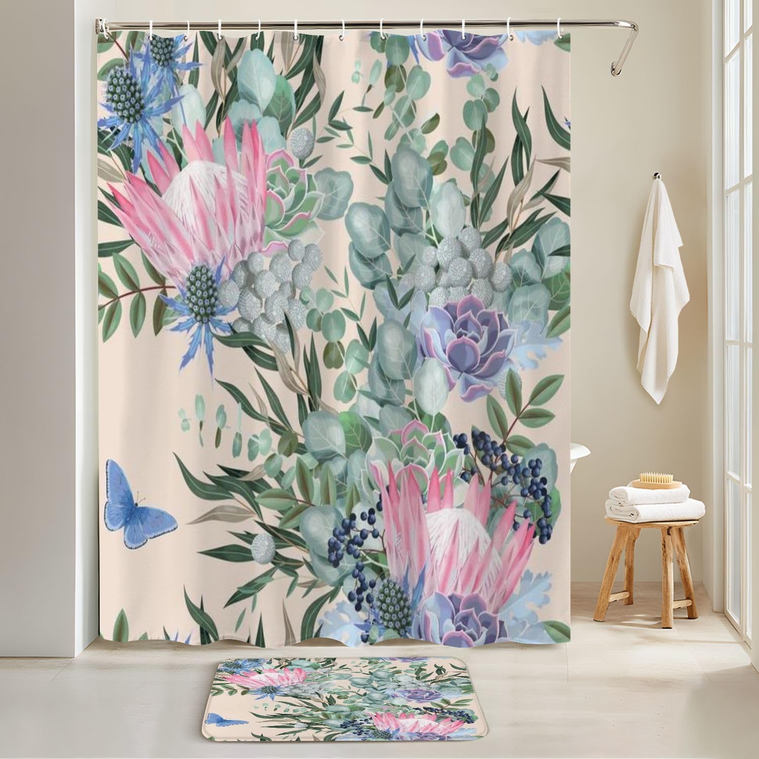 JCOOKLOFTS 4 Piece Shower Curtain Set with Rugs and Mat 1