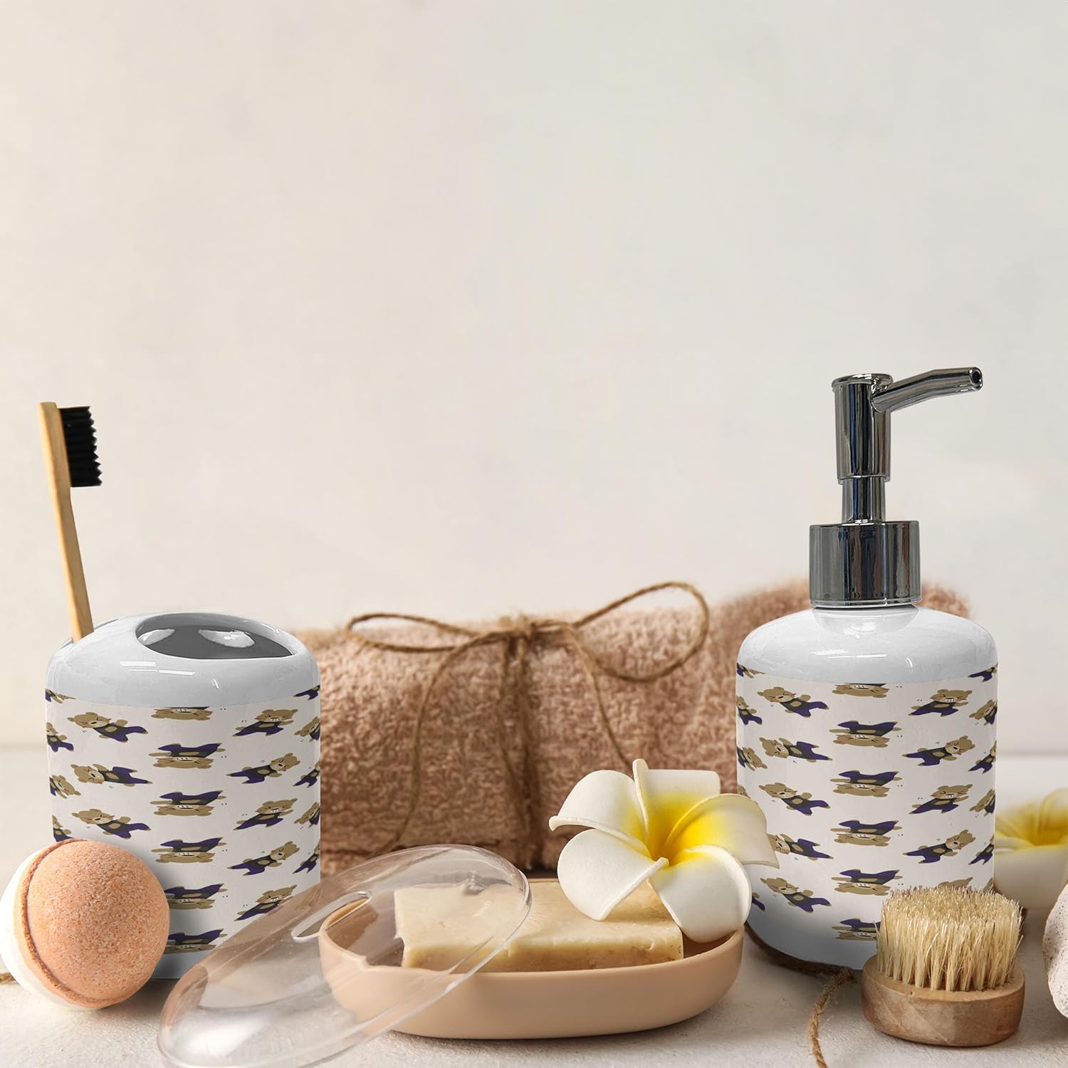 Ambesonne Dancing Bears Soap Dispenser Toothbrush Holder Set 2 Pcs