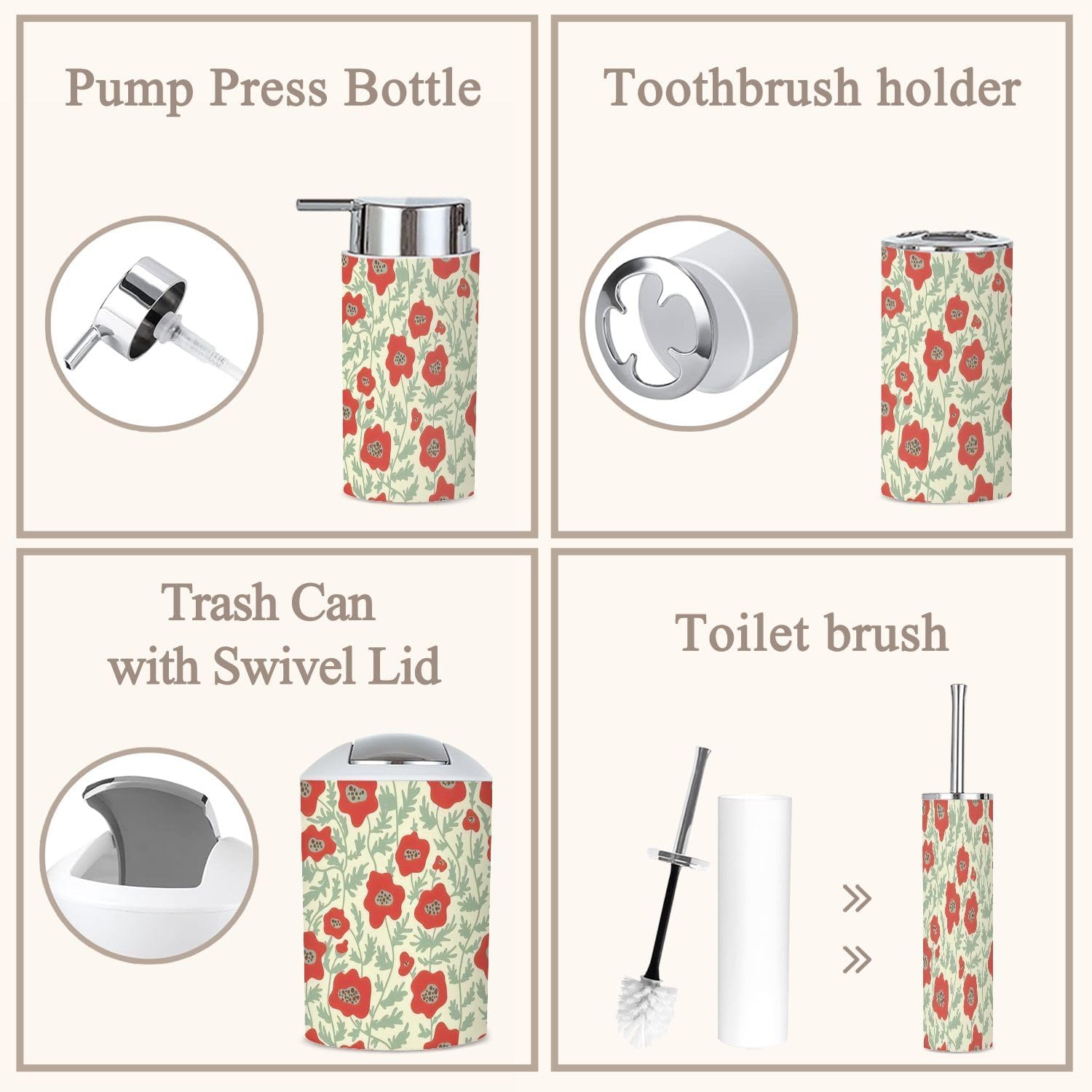 6 Piece Boho Bathroom Accessories Set with Flowers Abstract Design