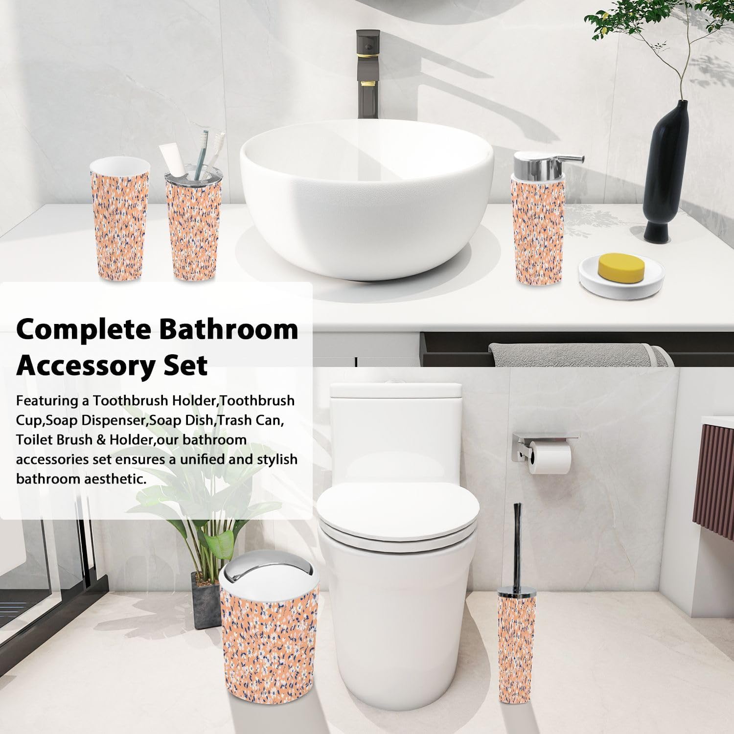 Boho Floral Bathroom Accessories Set 6 Piece