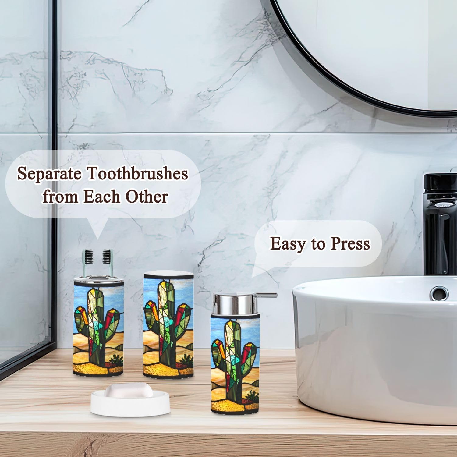 6 Piece Bathroom Accessories Set Stained Glass Cactus Decor