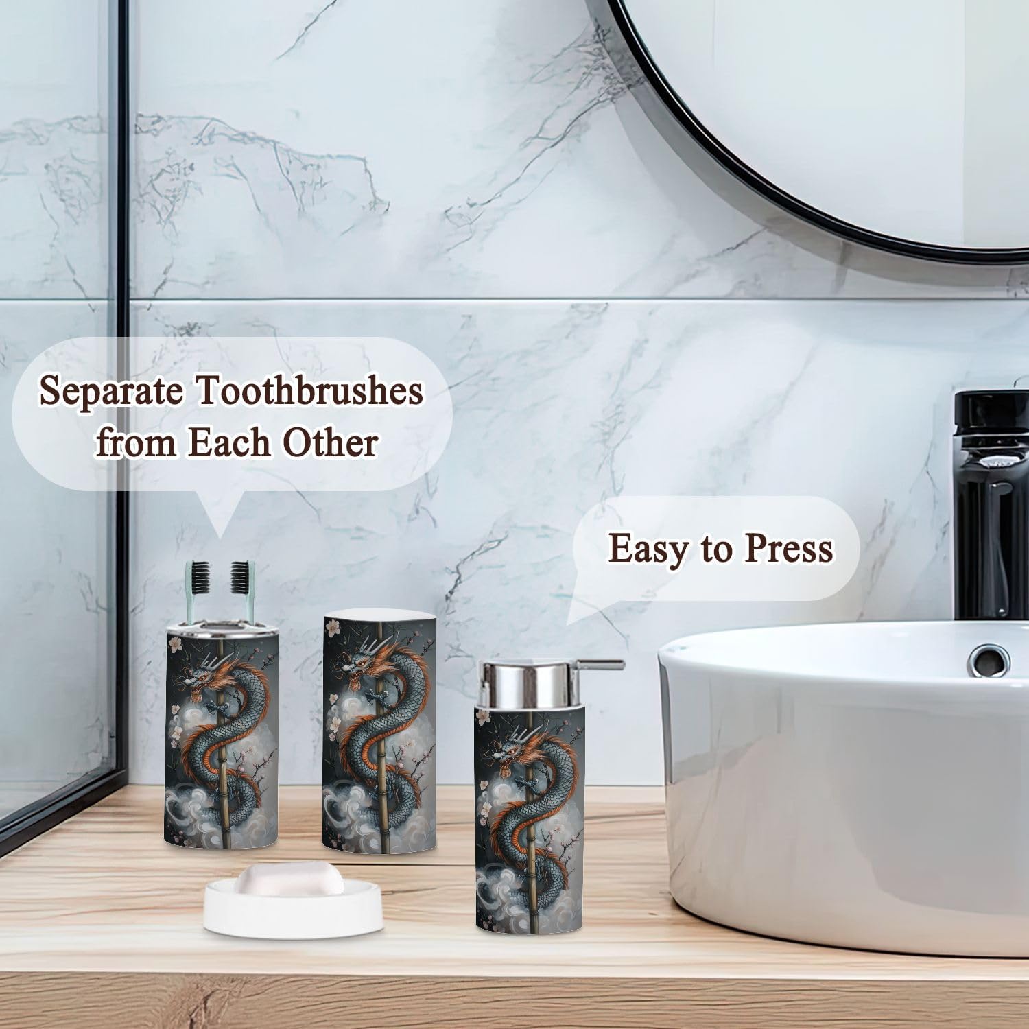 6 Piece Bathroom Accessories Set with Dragon Plum Blossoms Design