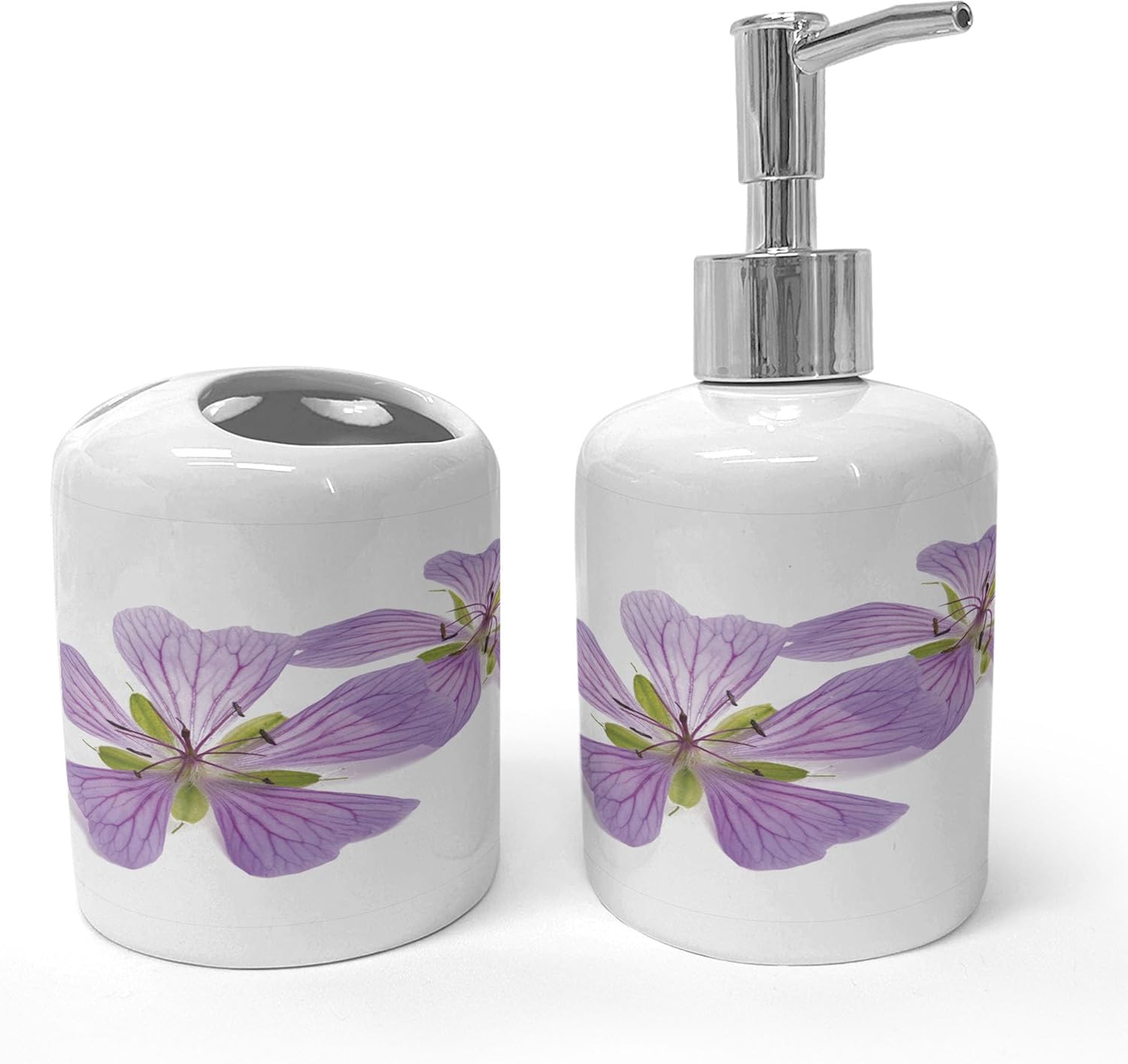 Ambesonne Geraniums Soap Dispenser Toothbrush Holder Set - 2 Pcs White Lavender