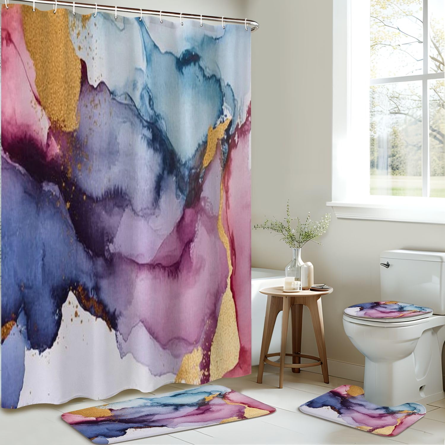 4 Pieces Shower Curtain Set with Mats and Non-Slip Design