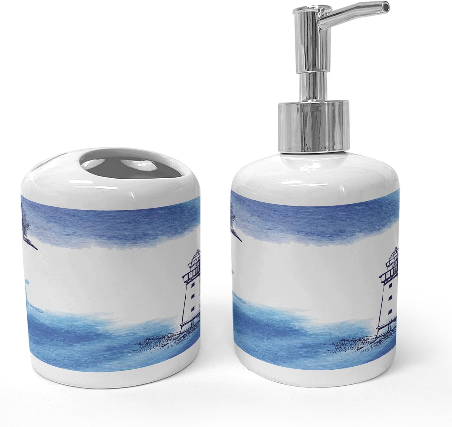 Ambesonne Lighthouse Ceramic Soap Toothbrush Holder Set Blue and White