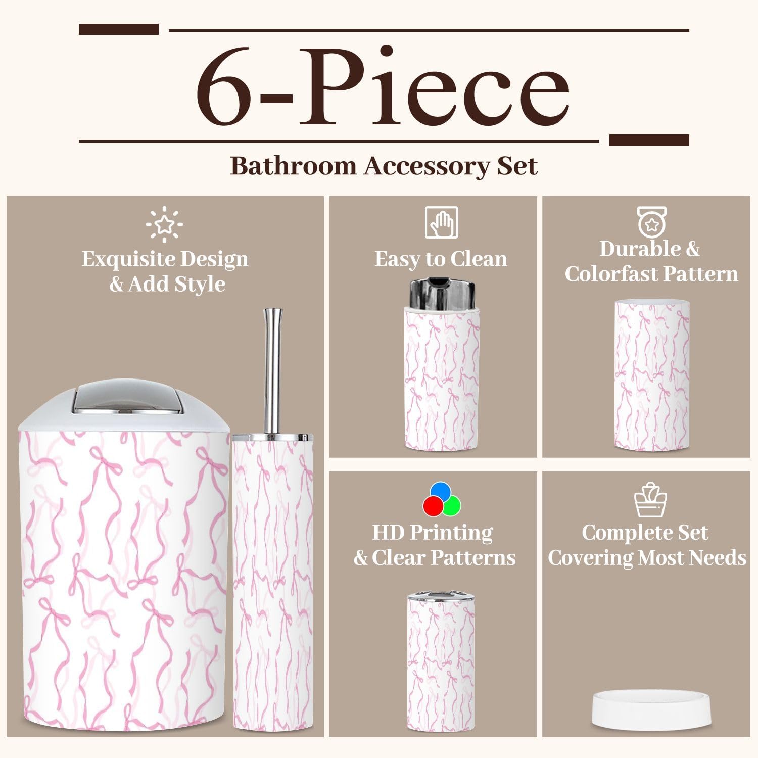 6 Piece Bathroom Accessories Set in Elegant Pink and White