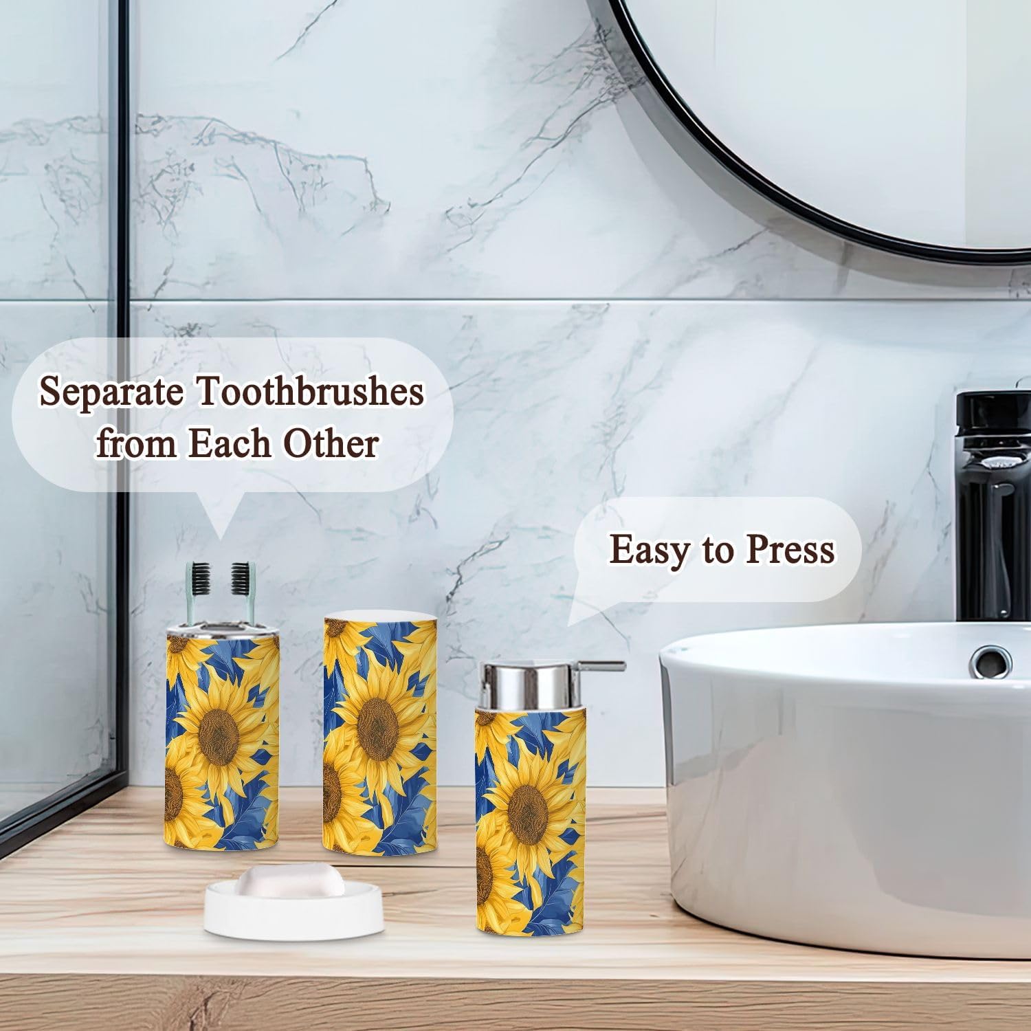 Bathroom Accessories Set 6 Pcs with Sunflowers Pattern