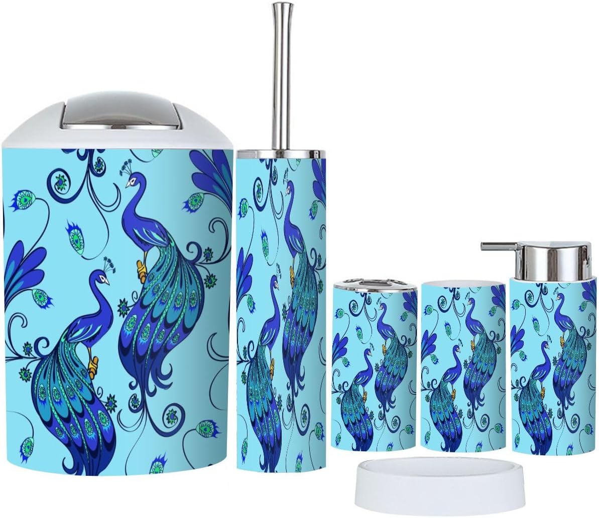 Modern Blue Magic Peacocks Bathroom Accessories Set 6 Pcs