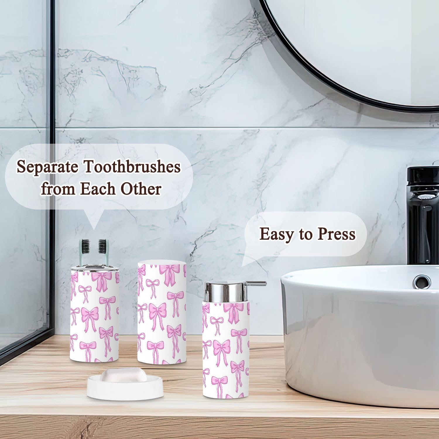 6-Piece Bathroom Accessories Set with Pink Bow Ribbon