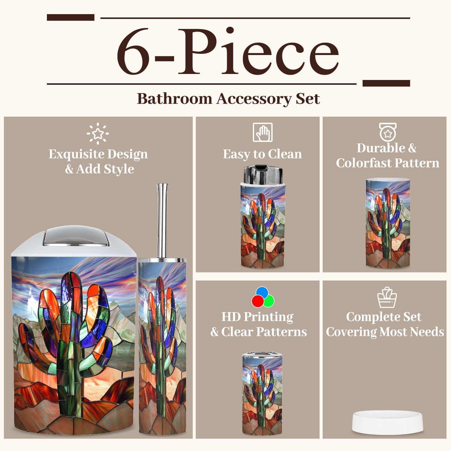 6 Piece Abstract Cactus Bathroom Accessories Set