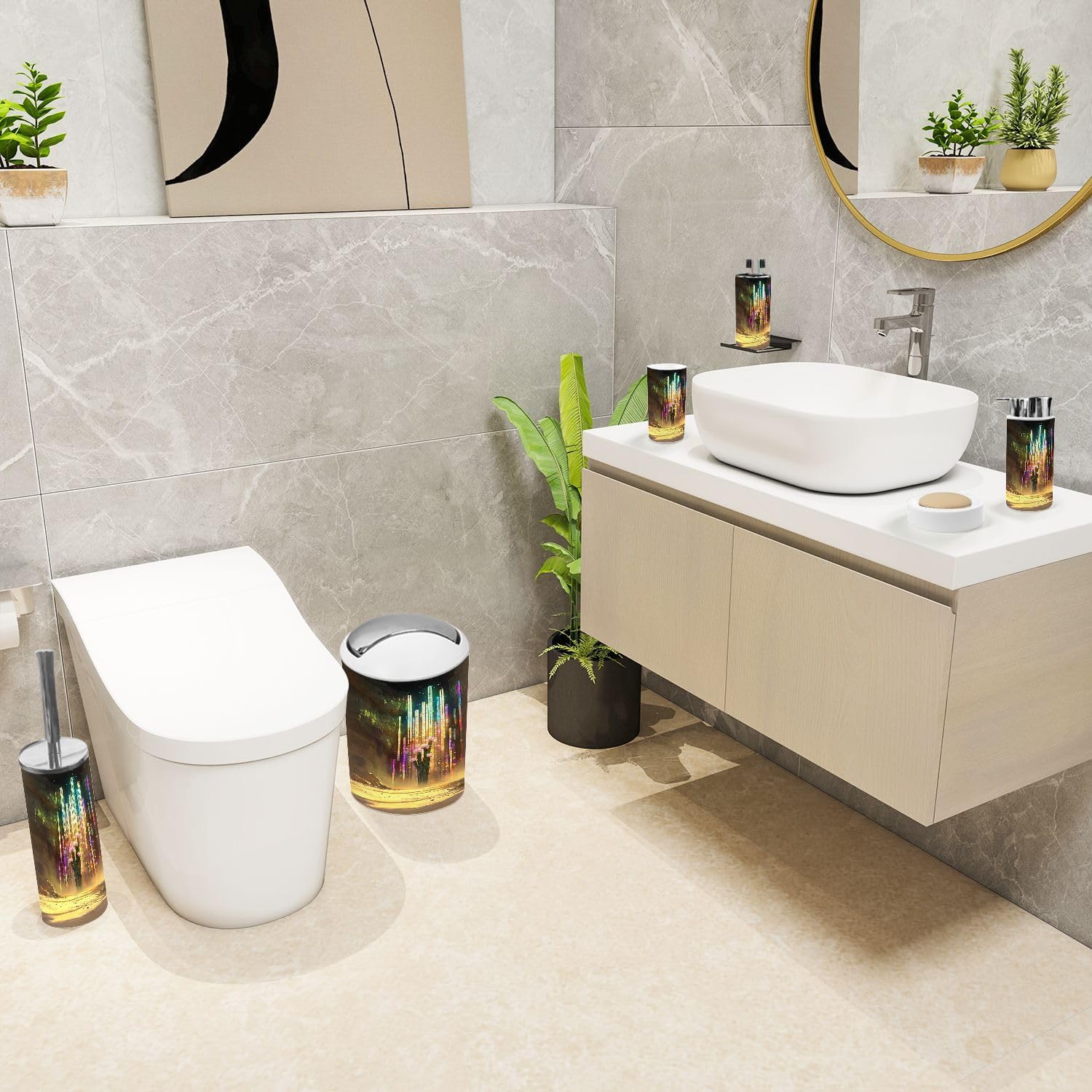 6 Piece Bathroom Accessories Set with Saguaro Cactus Stained Glass Design