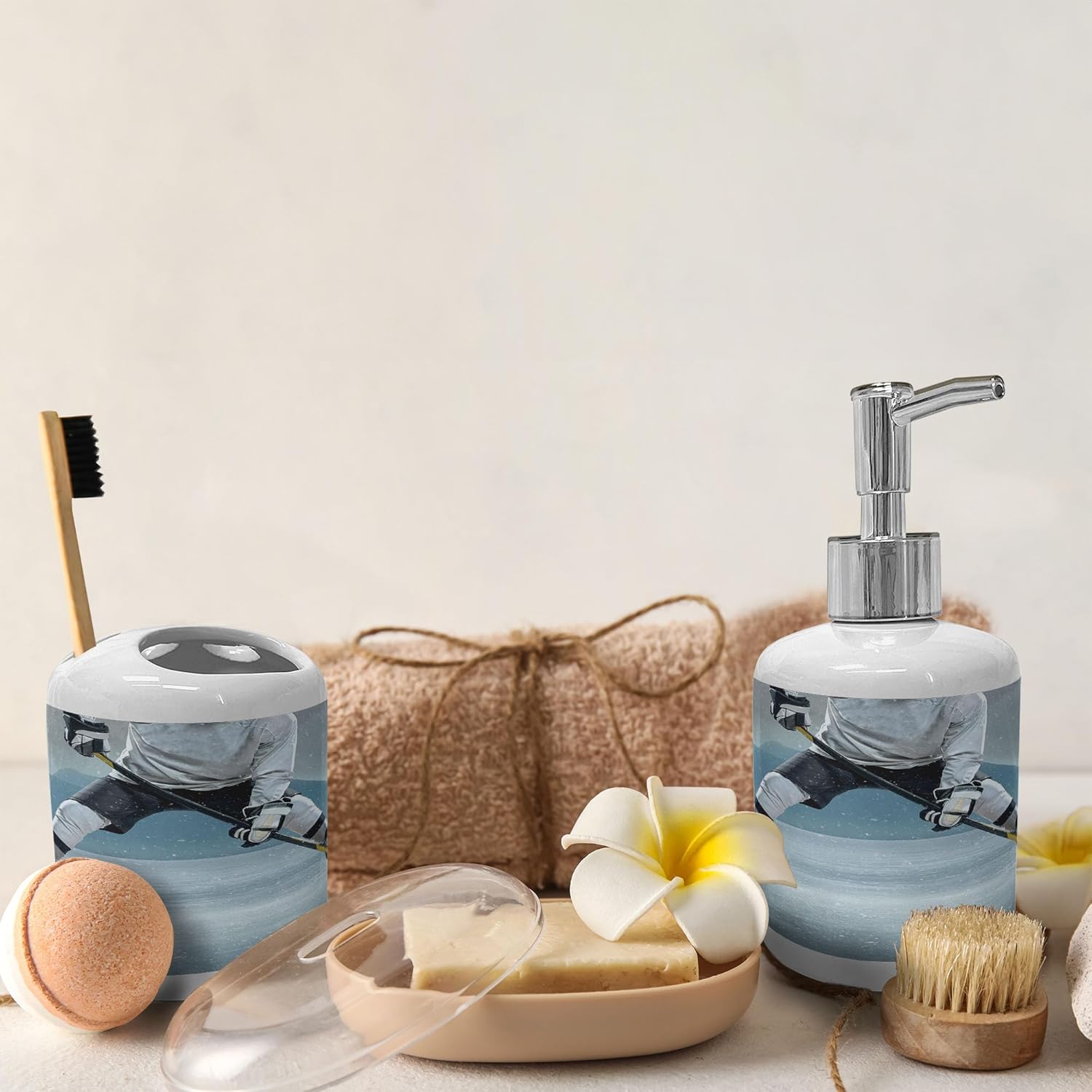 Ambesonne Sports Soap Dispenser and Toothbrush Holder Set