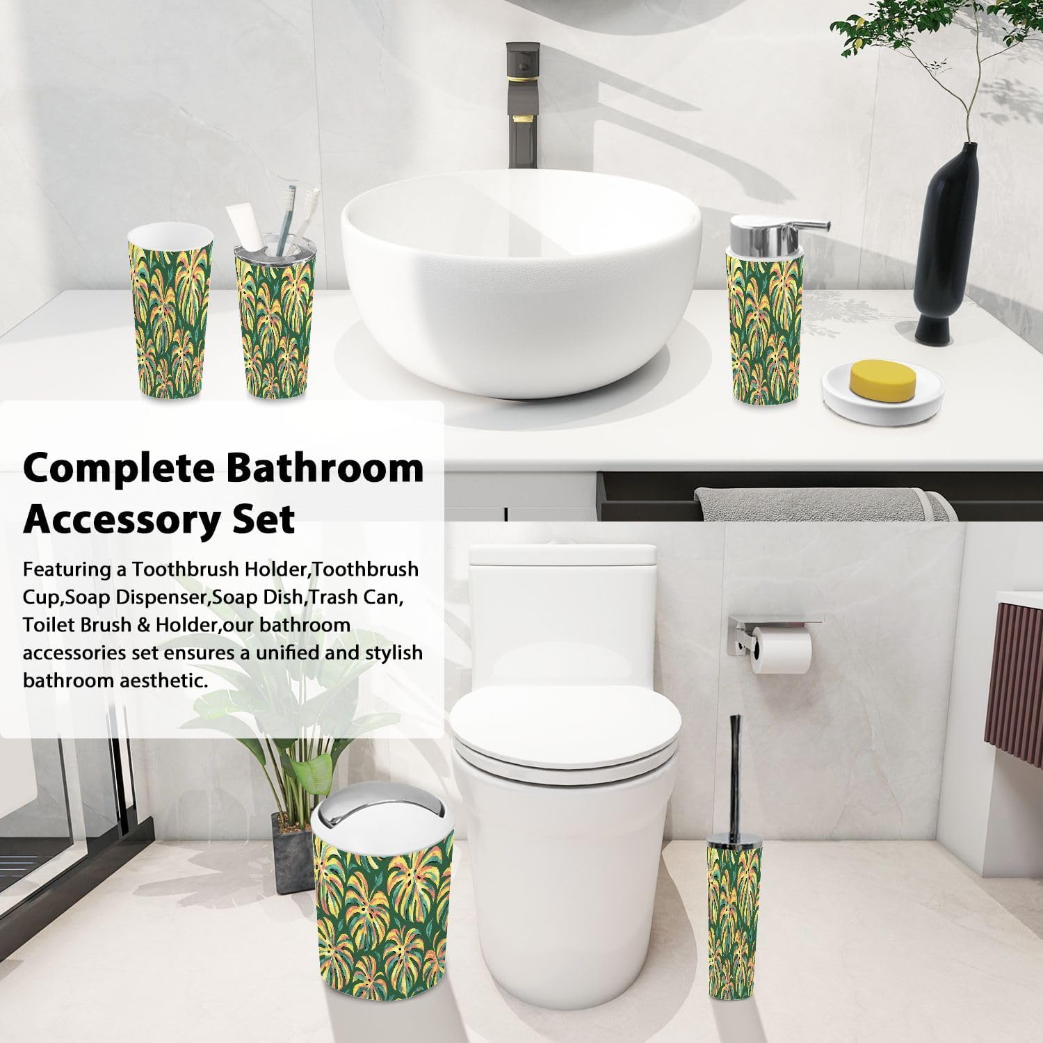 Boho Flower Leaf Bathroom Accessory Set 6 Piece