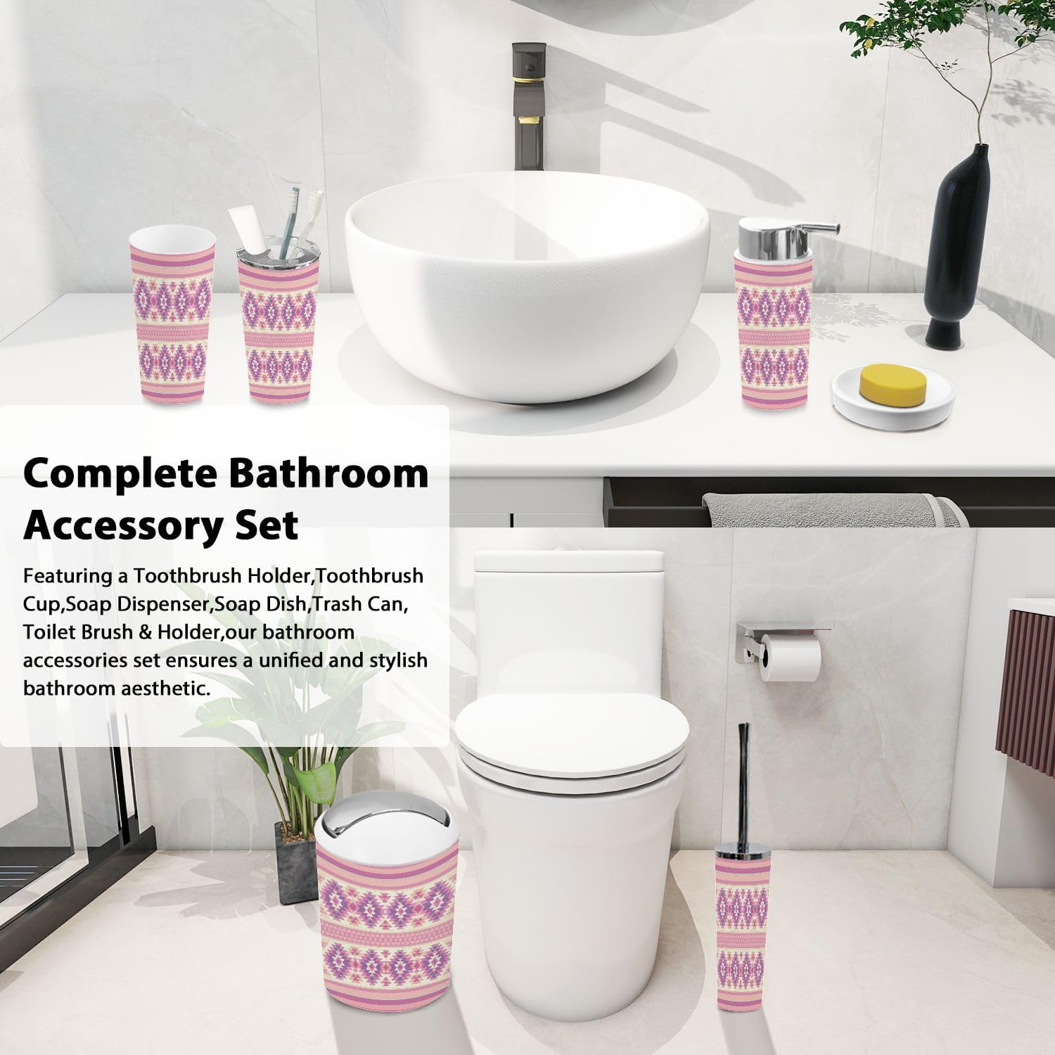 Boho Striped Bathroom Accessory Set 6 Piece