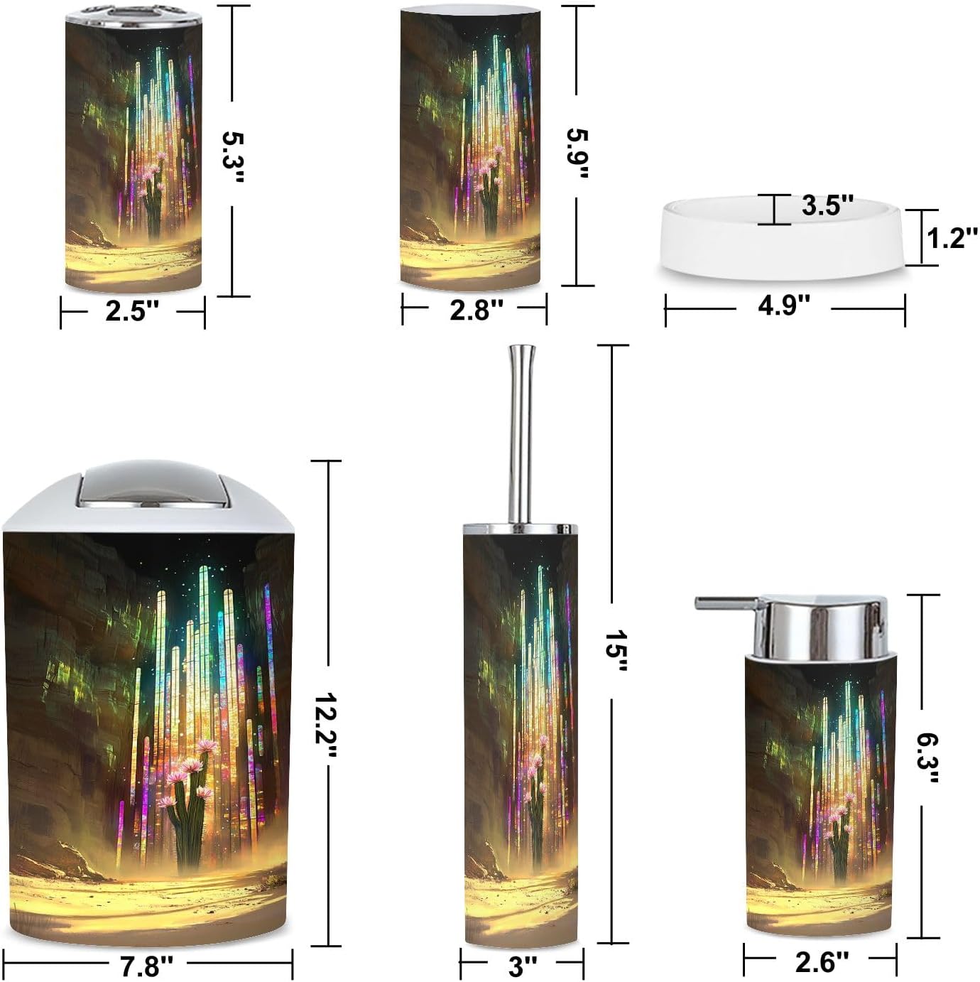 6 Piece Bathroom Accessories Set with Saguaro Cactus Stained Glass Design