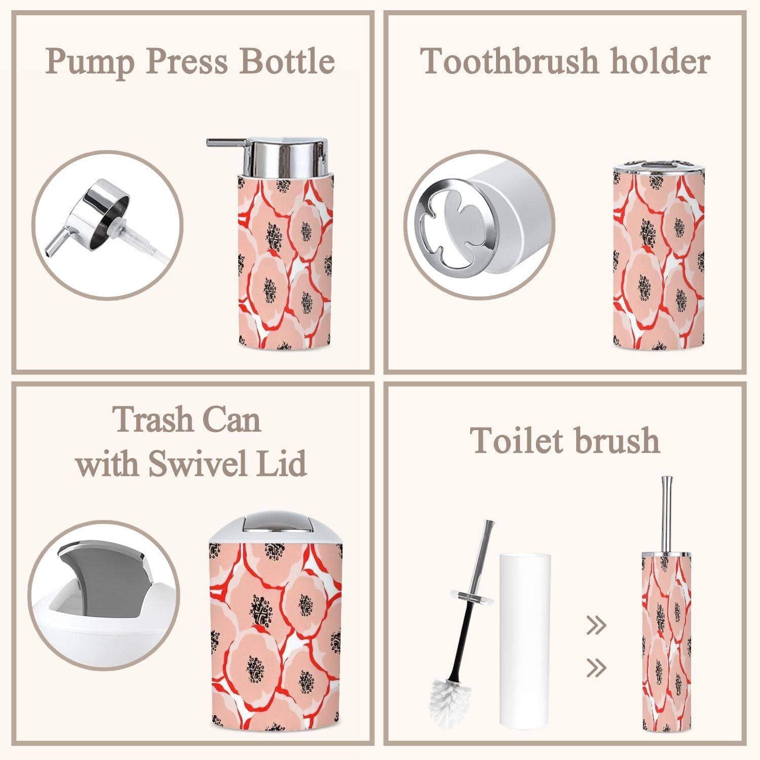 6 Piece Bathroom Accessories Set with Floral Design