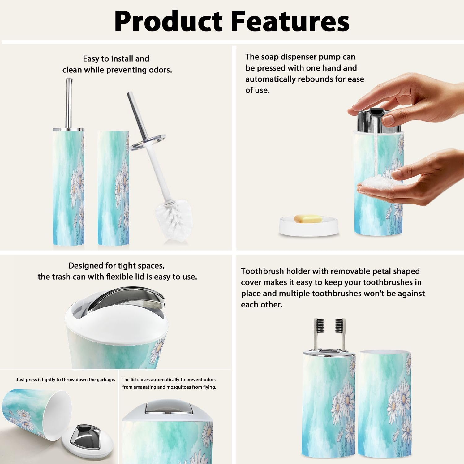Boho White Daisies Bathroom Accessory Set 6 Piece 1