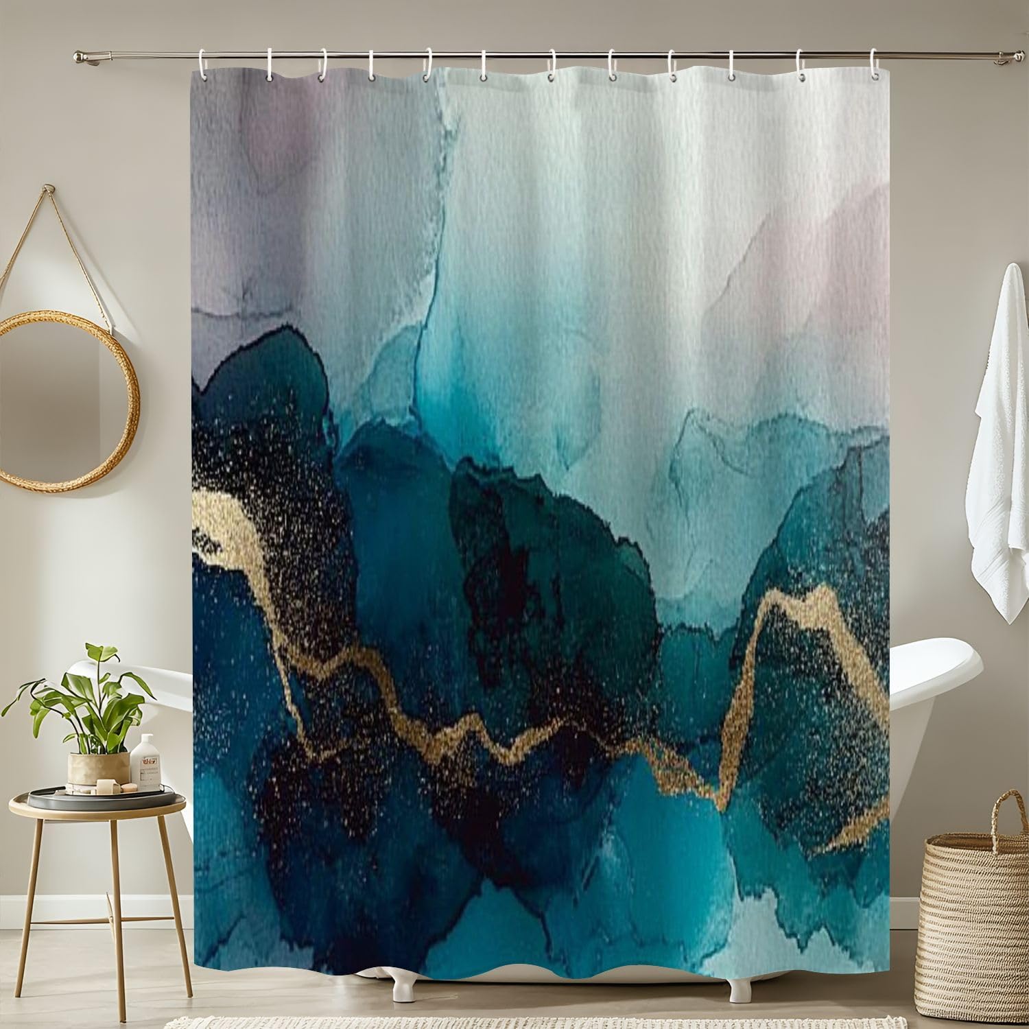 JCOOKLOFTS 4 Piece Shower Curtain Set with Rugs Mats and Lid Cover