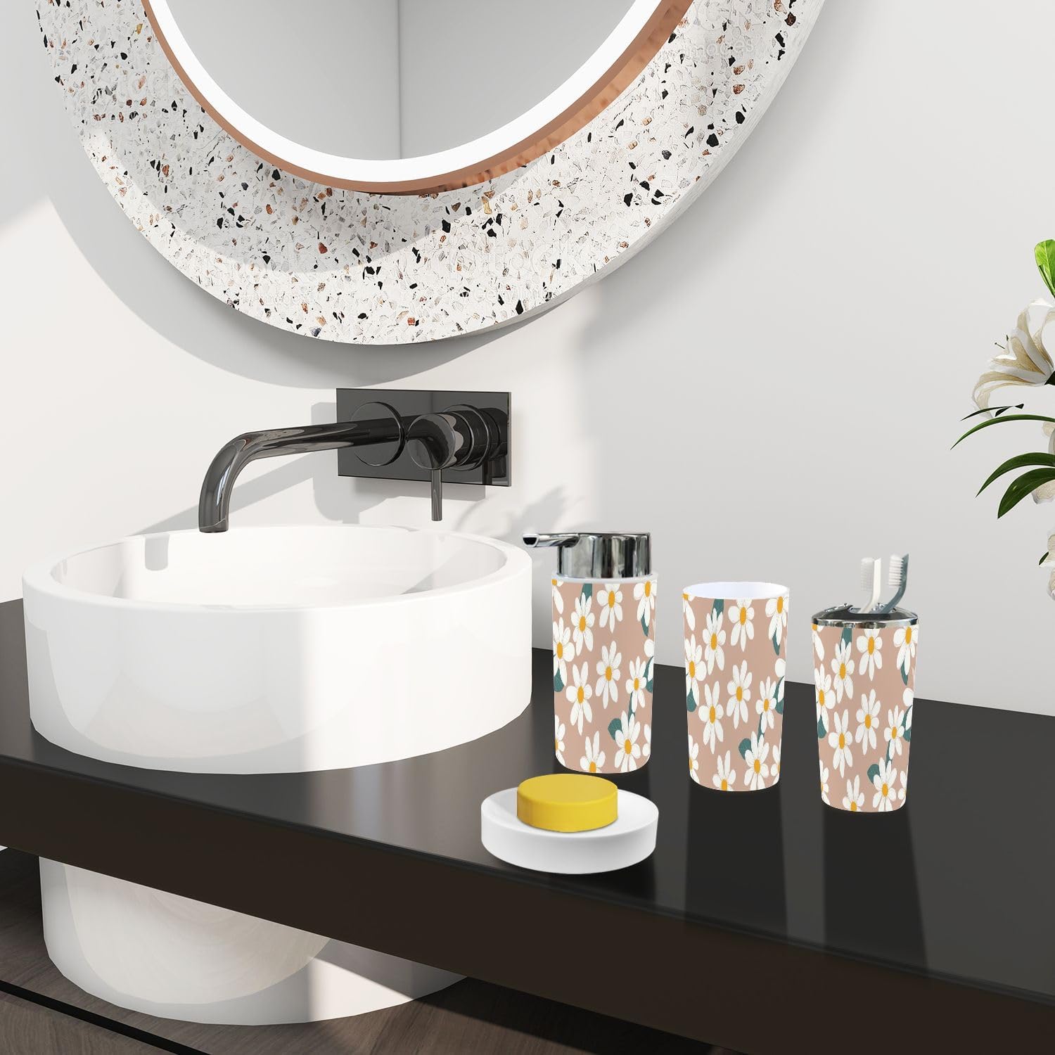 Boho Daisy Trash Can Bathroom Accessories Set 6 Piece