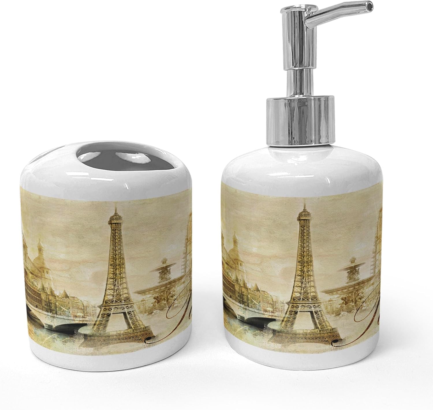 Ambesonne Paris Ceramic Soap Toothbrush Holder Set 2 Pcs Beige