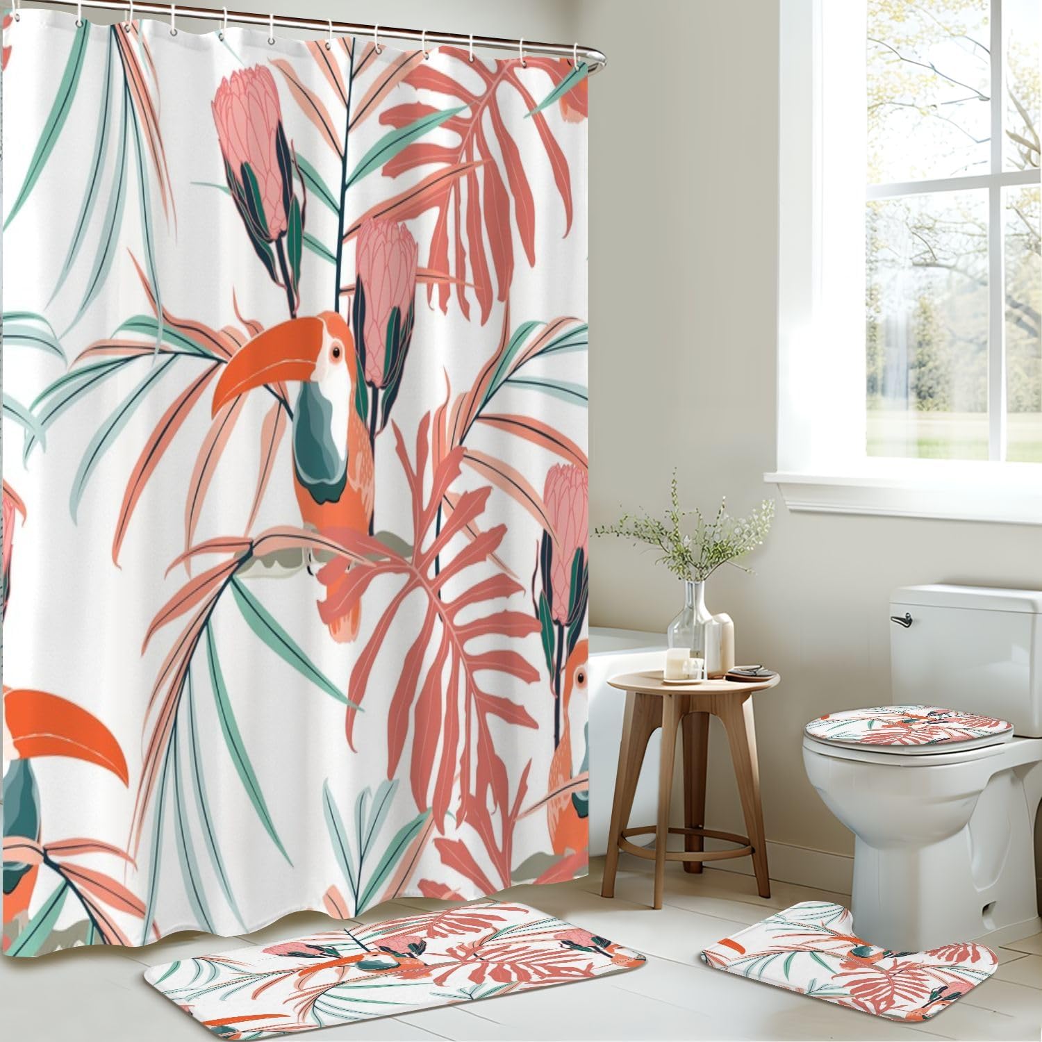 JCOOKLOFTS 4 Piece Shower Curtain Set with Rugs 1