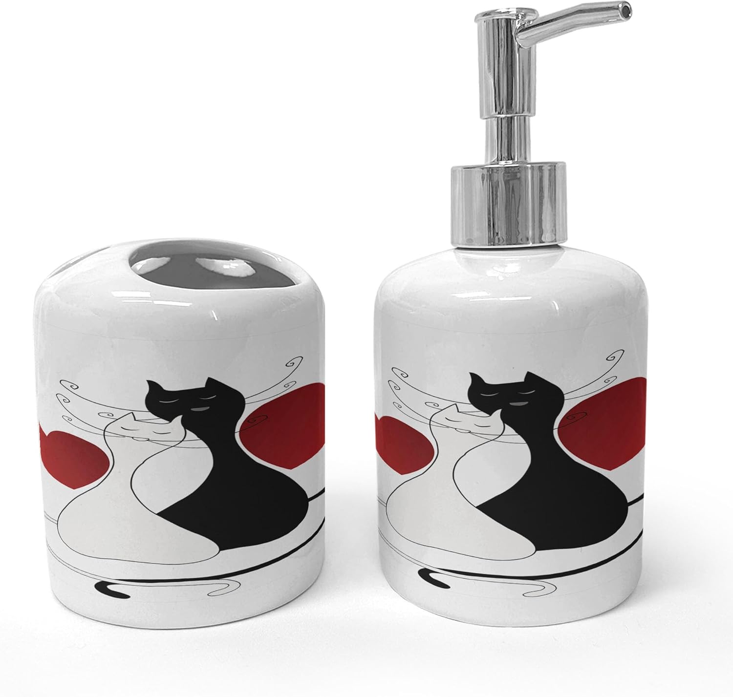 Ambesonne Romantic Cats Soap Dispenser Toothbrush Holder Set