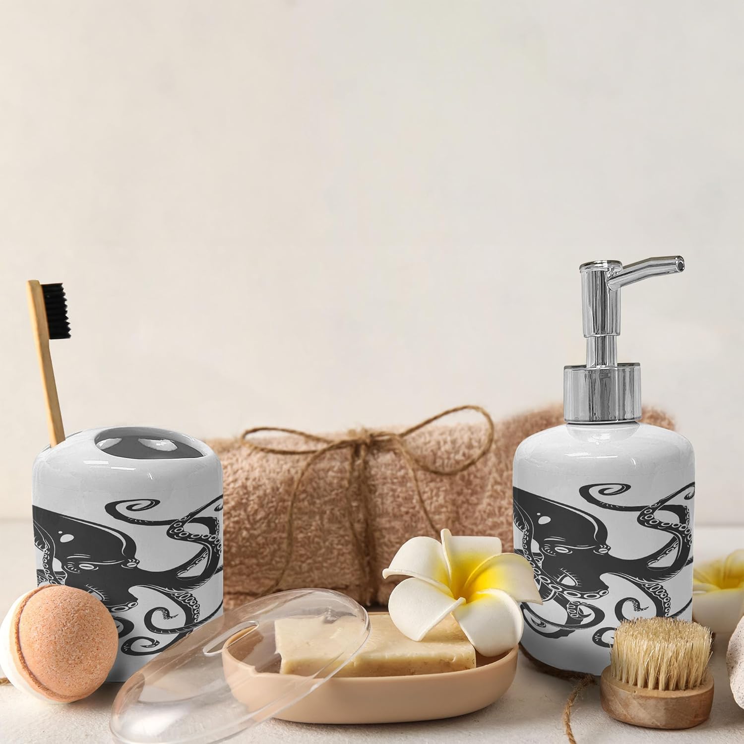 Ambesonne Octopus Soap Dispenser Toothbrush Holder Set 1