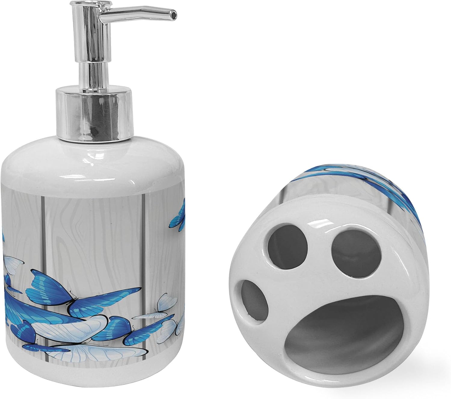 Ambesonne Ceramic Soap Toothbrush Holder Set Blue White Butterflies